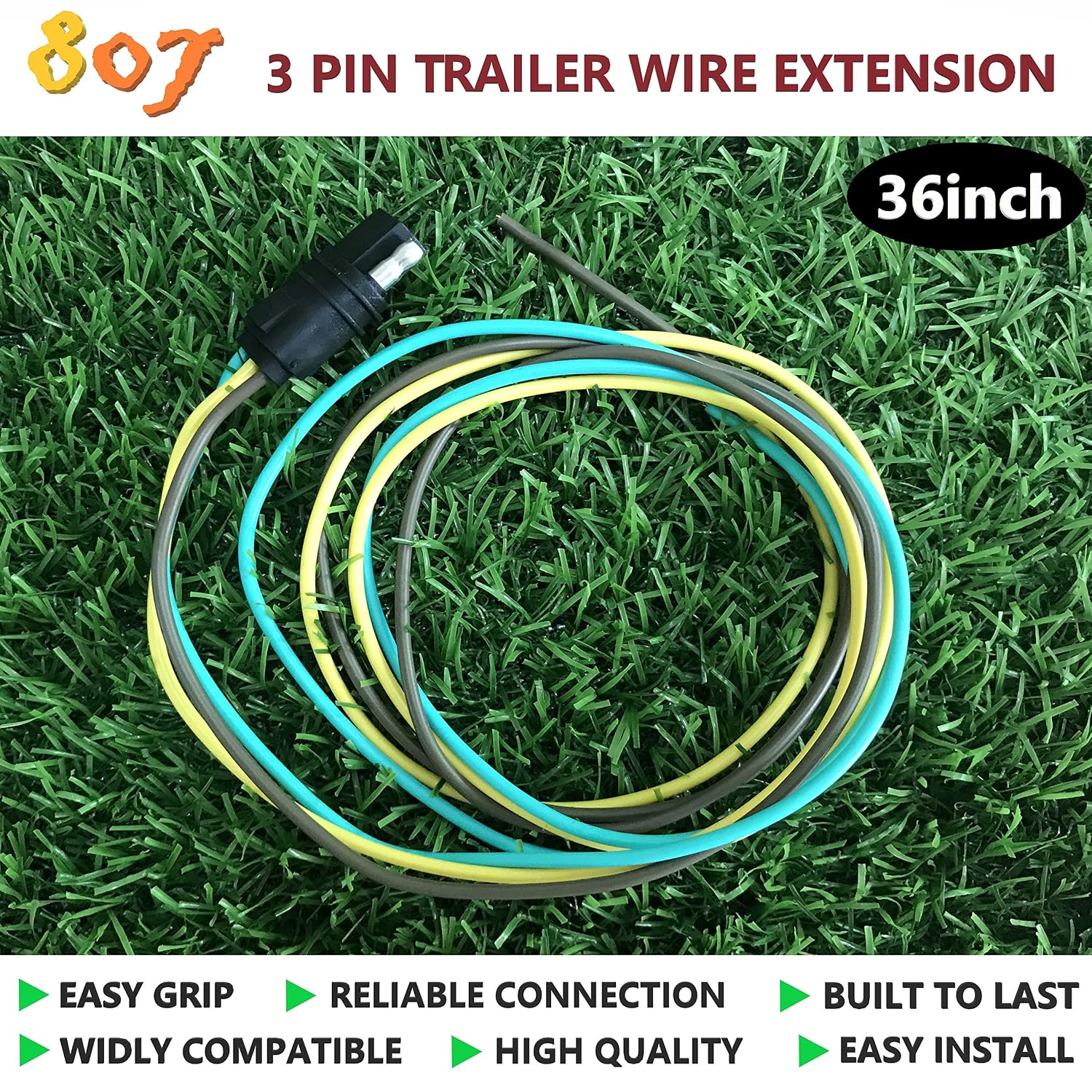 36inch 3 Way Trailer Wire Extension 3 Pin Plug,Universal Wiring Connector(3 Way Flat Plug)