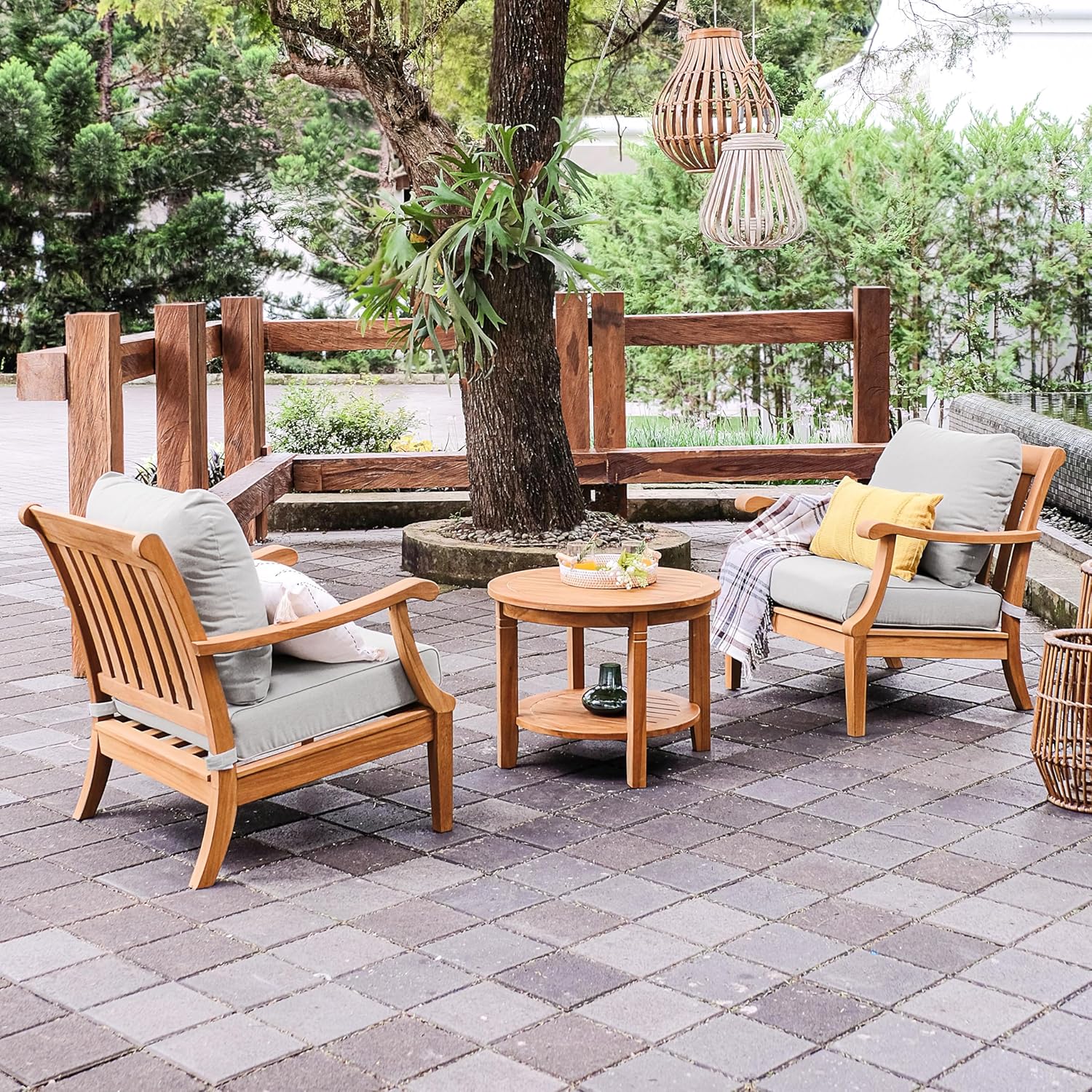 Cambridge Casual Robin Teak Wood 3 Piece Patio Conversation Set with Oyster Cushion, Chat Set with Patio Club Chair and Side Table, Removable Cushion, Weather-Resistant, Perfect for Small Space