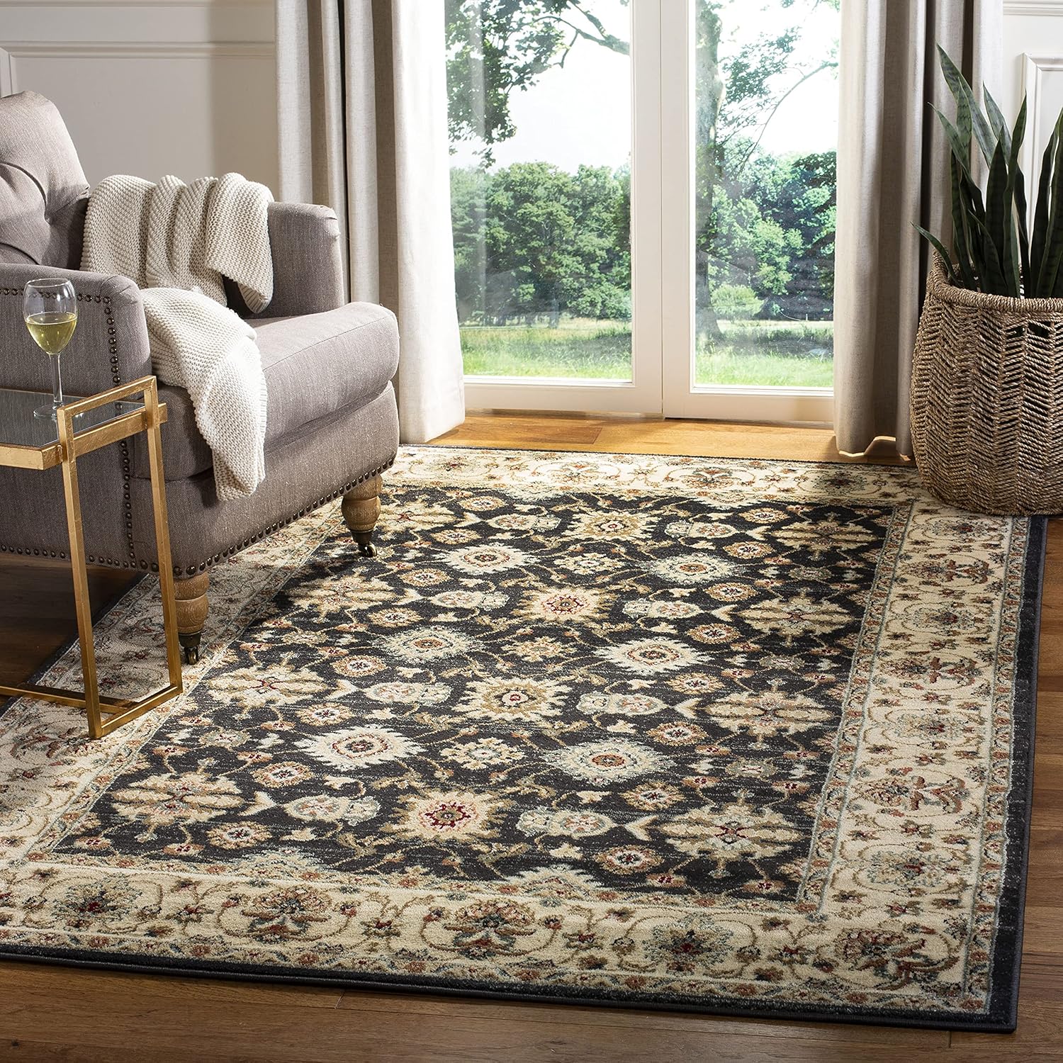 Navy and Cream 5' x 7' Traditional Synthetic Area Rug