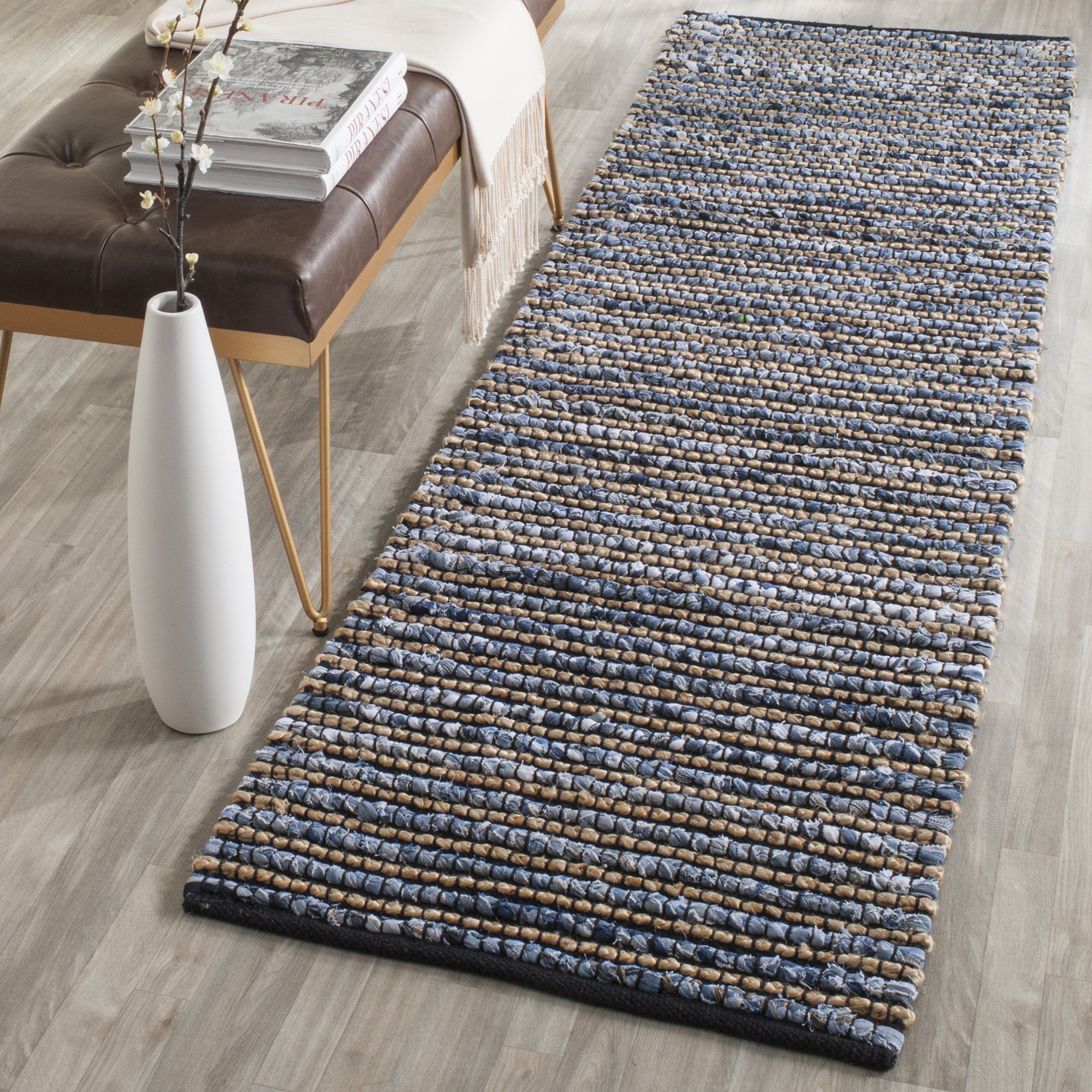 SAFAVIEH Cape Cod Collection 2'3" x 6' Blue CAP365A Handmade Flatweave Braided Cotton & Jute Runner Rug