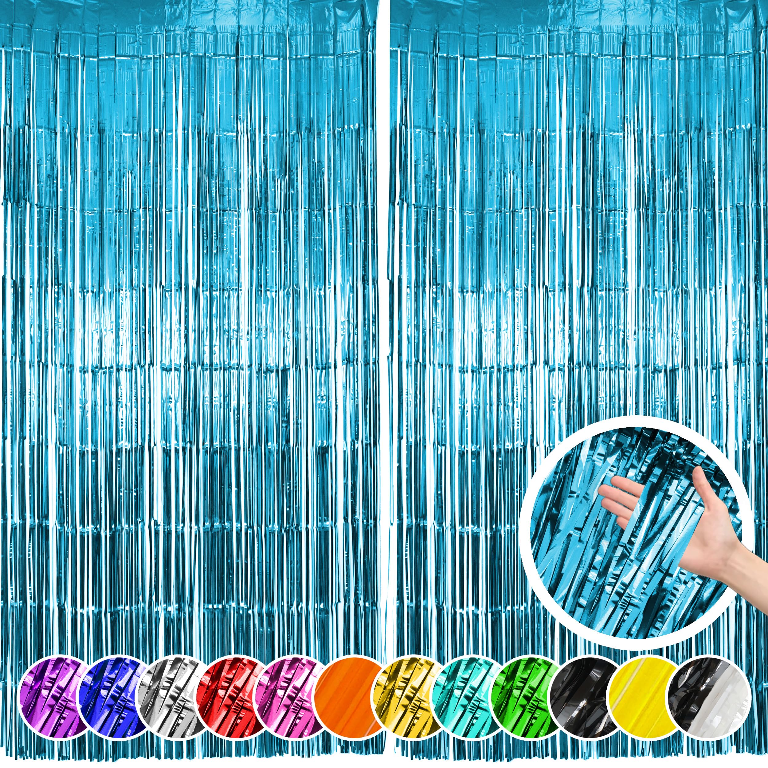 Hampton Distribution 2 Pack Light Blue Fringe Foil Backdrop Curtains, Light Blue Tinsel Streamers Party Backdrop, 3.28 ft by 6.56 ft, Blue Party Decorations