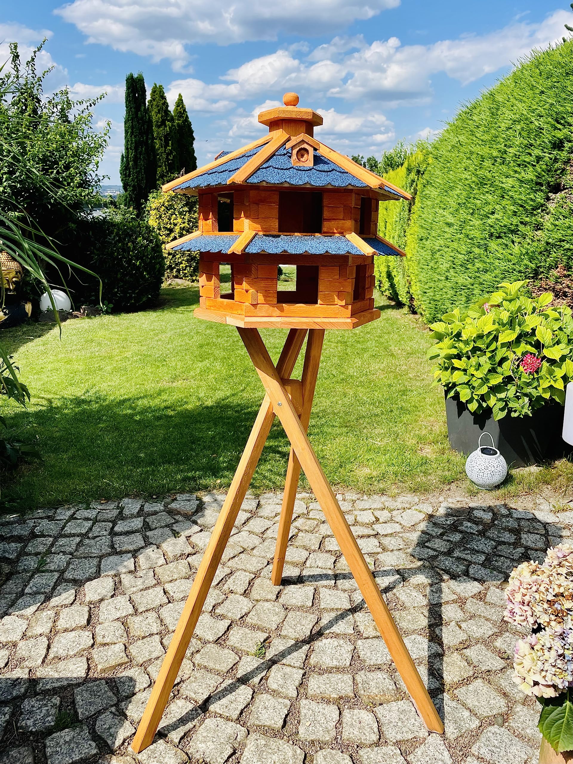 Vogelvilla XL - Comedero hexagonal doble para pájaros con soporte, color marrón y azul