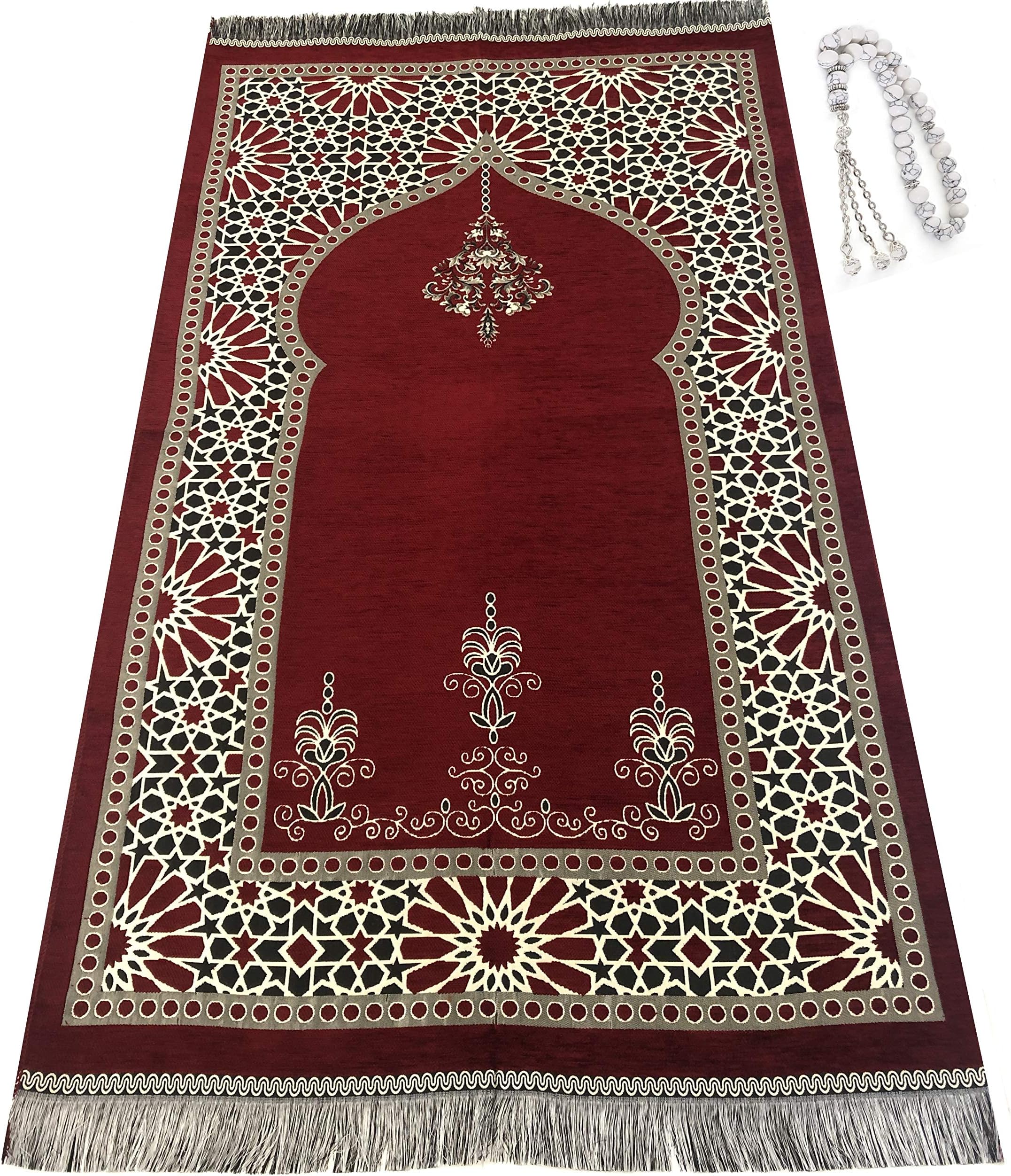 Prayer Rug Muslim Mat Islamic - Turkish Style O Prayer Rug Sajadah for Kids Men Women with Islam Prayer Beads for Eid Travel Ramadan, Soft and Luxury (Red)
