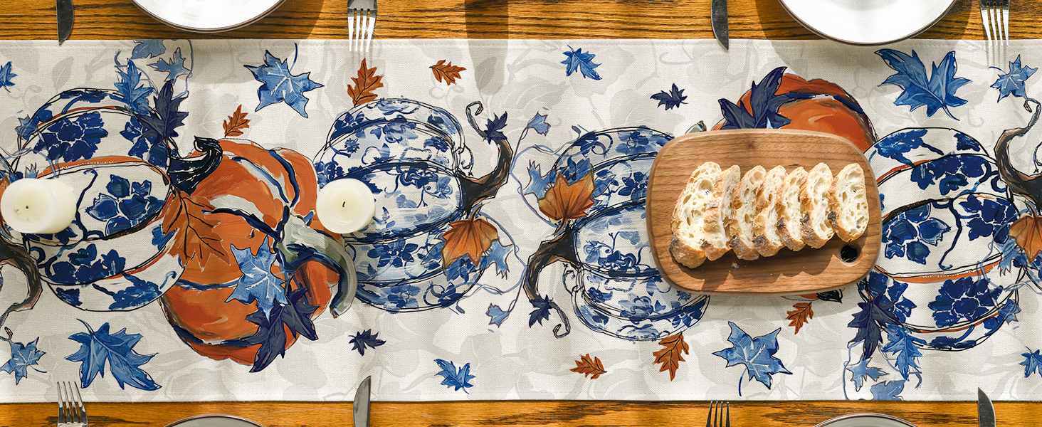 Fall Table Runner Artoid Mode - Blue & White Pumpkins Maple Leaf Print ...