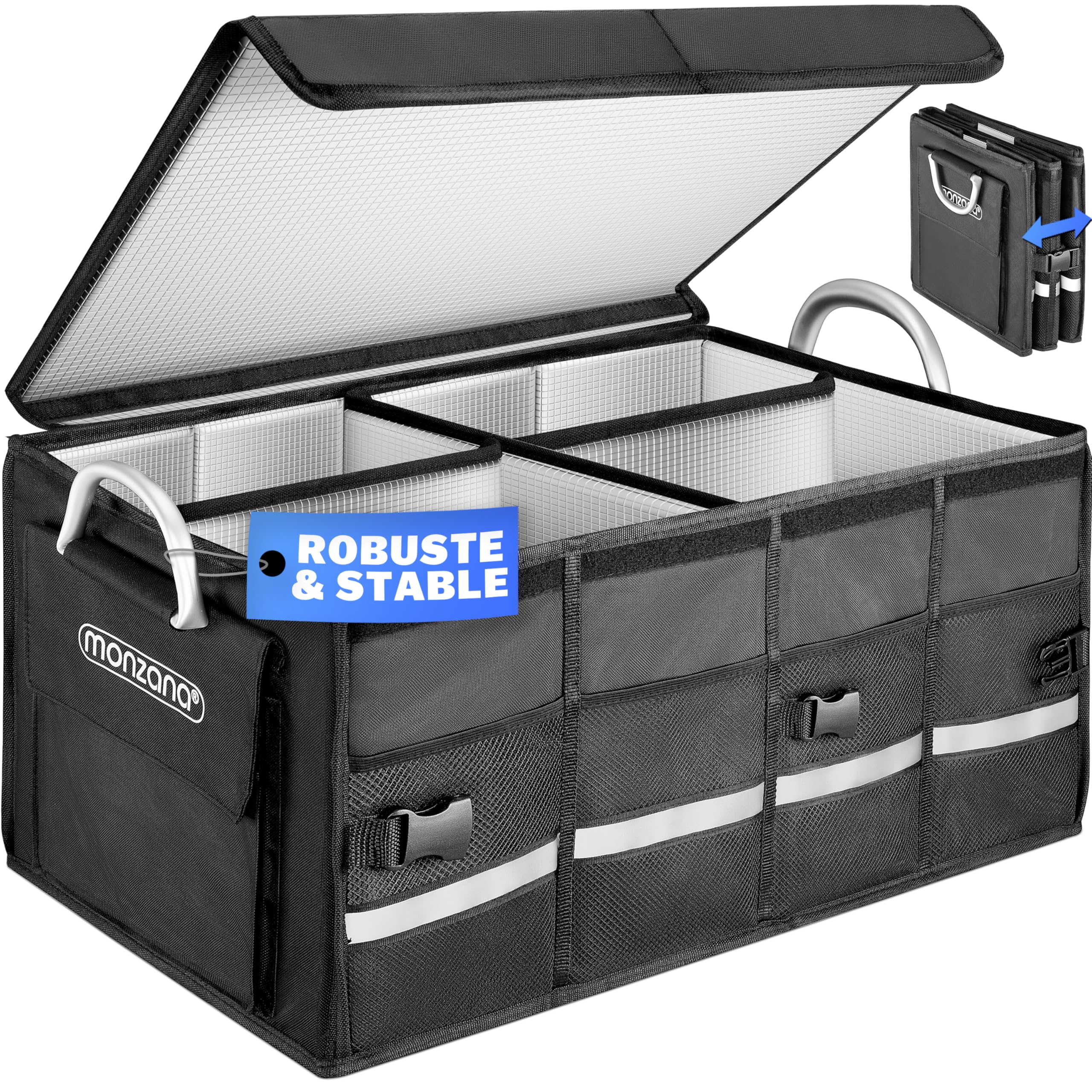 Monzana Organisateur de Coffre de Voiture Noir Isotherme MDF Isolant Couvercle 68L Pliable Parois renforcées Sac de rangement voiture