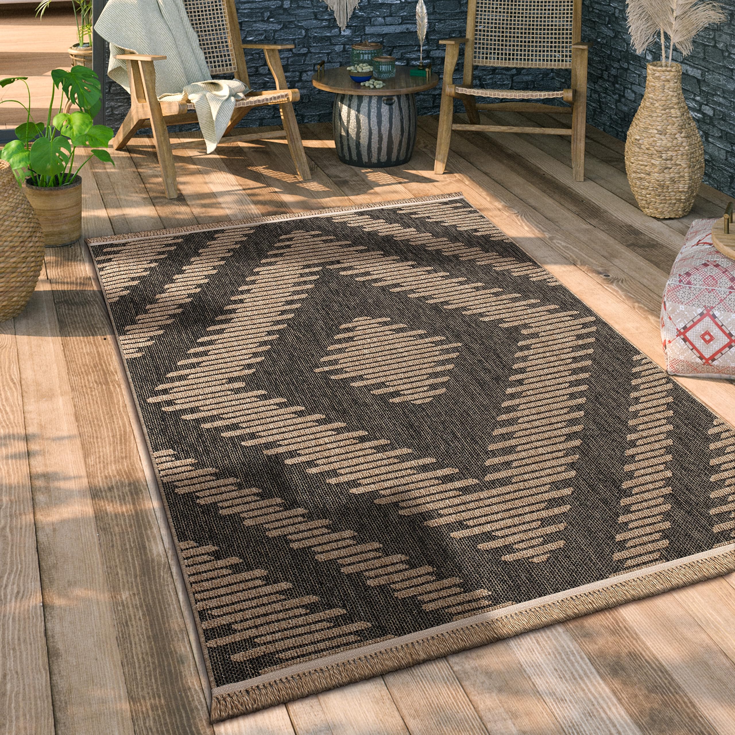 Paco Home Hochwertiger Outdoor Teppich Wetterfest & Pflegeleicht Jute-Sisal-Optik mit Fransen & Hoch-Tief-Effekt Langlebig für Terrasse, Balkon, Garten & Küche, Grösse:200x280 cm, Farbe:Anthrazit 2