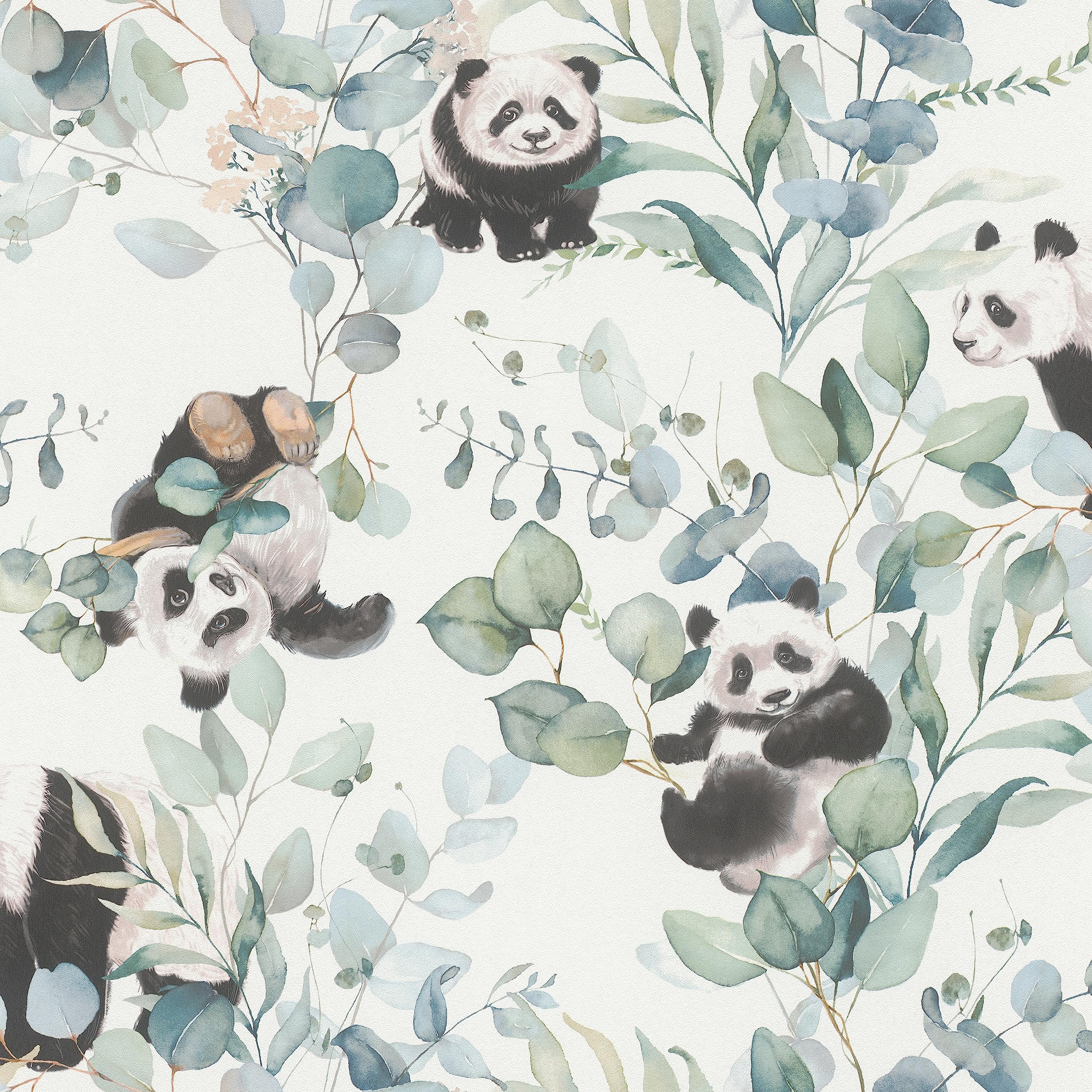 Rasch Light Wallpaper 301144 Non-Woven Wallpaper With Eucalyptus And Pandas In Watercolour Look, Children's Bedroom Wallpaper, 10.05 M X 0.53 M (L X W)