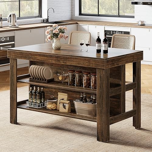 Miniatura 12 de Tribesigns Isla de cocina con estantes para asientos y almacenamiento, mostrador de desayuno de 55.1 pulgadas, mesa de isla de granja para cocina y