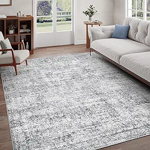Rugland 8x10 Area Rugs - Stain Resistant Washable Rug, Anti Slip Rugs for Living Room, Vintage Tribal Area Rugs(Vintage01-Distressed Grey, 8'x10')