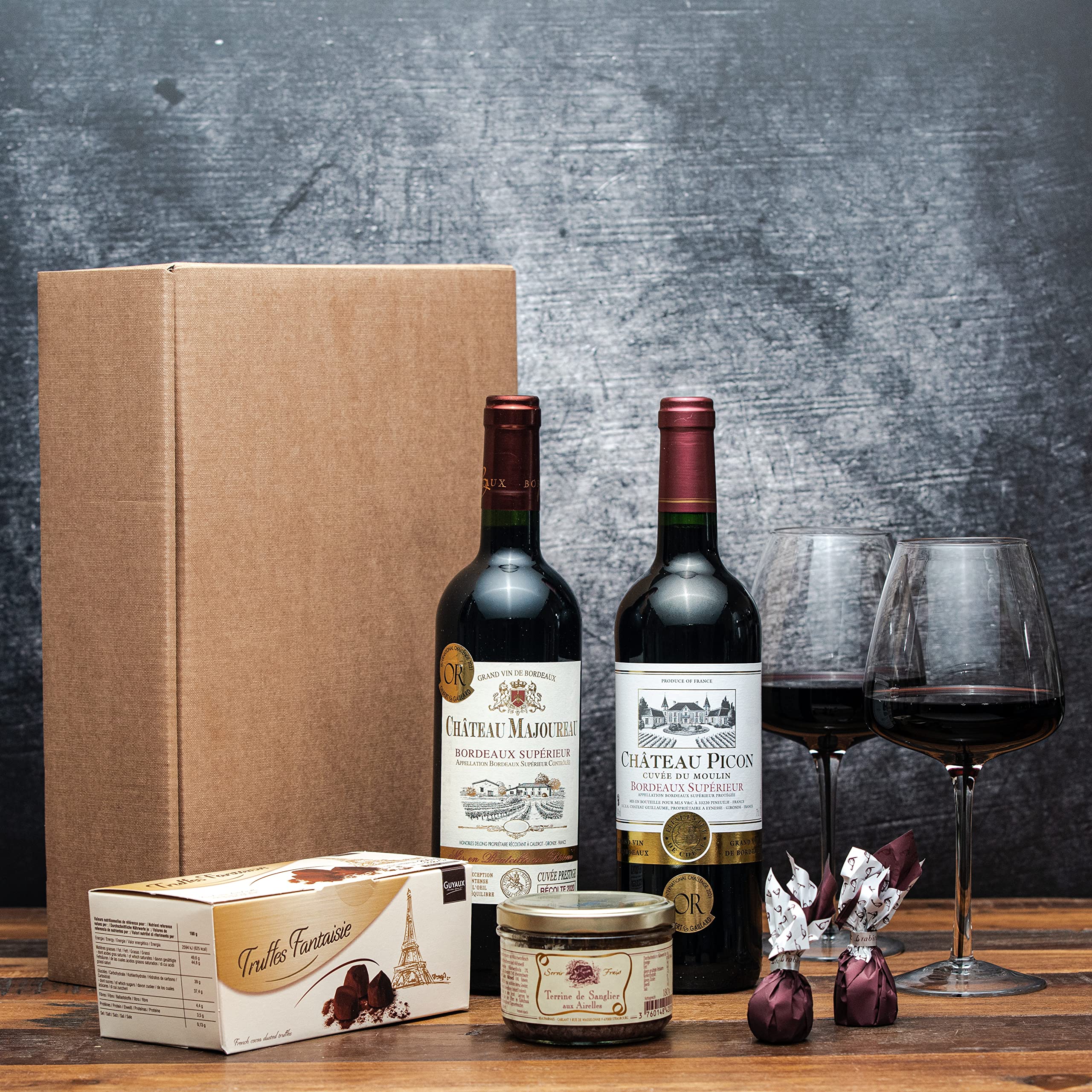 Geschenkset französischer Genuss | 2 x französischer Rotwein (Bordeaux) trocken | Schokoladentrüffel | Wildschweinpastete | 2 x Feigen in Schokolade