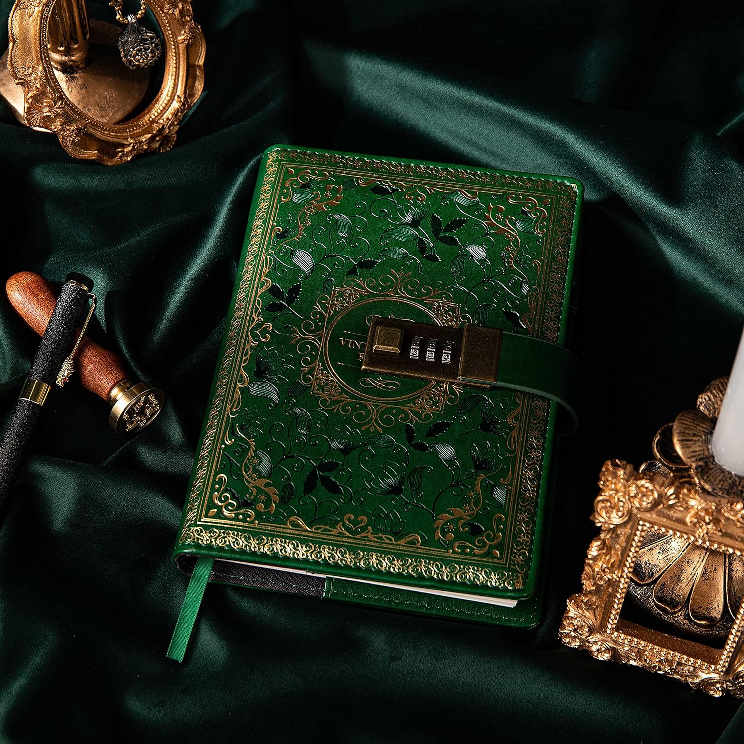 TIEFOSSI Vintage Leather Journal Notebook with Combination Lock, A5 Embossed Flower Secret Diary Ruled Lined Paper for Writing, Gift for Women Girls Children (Green) - Image 5