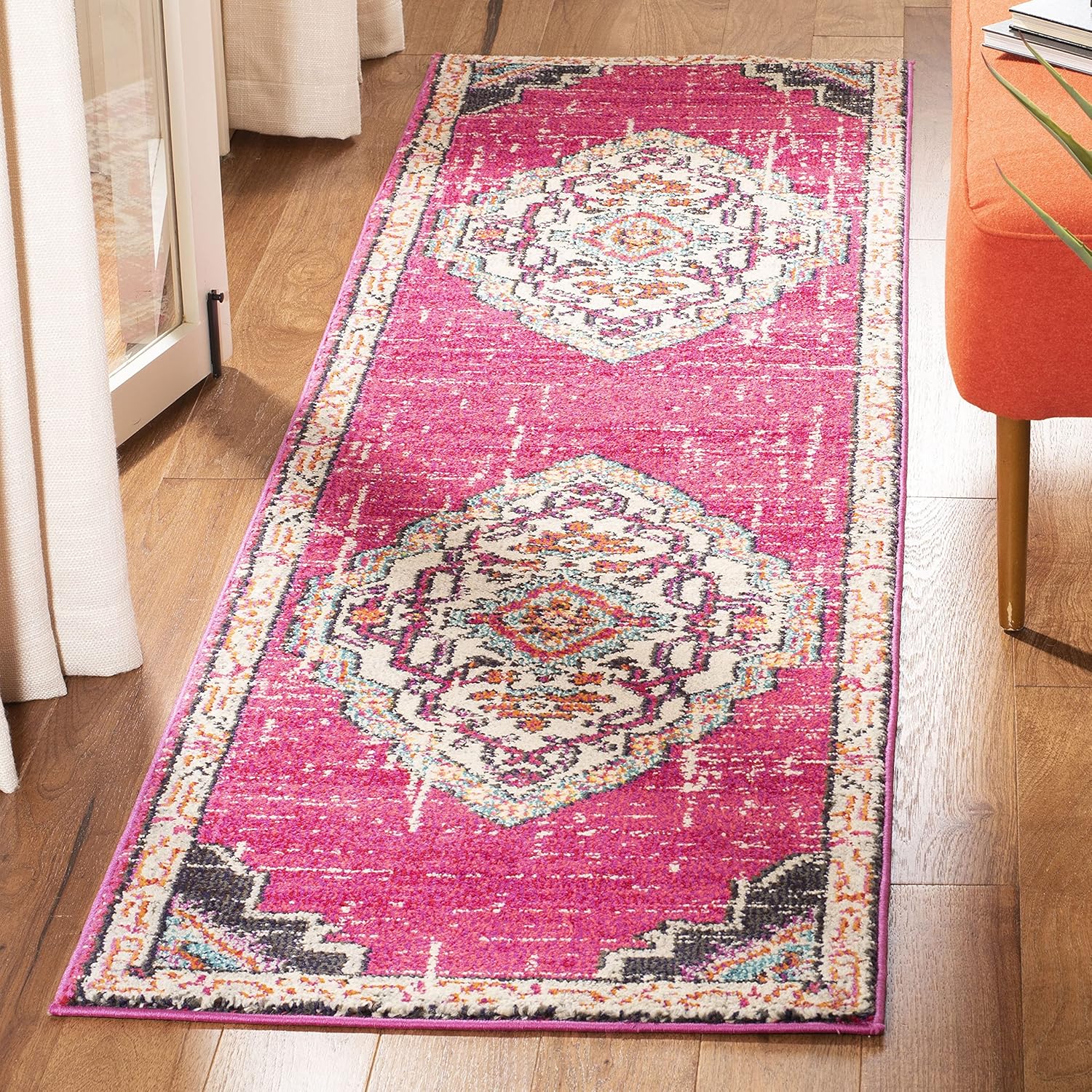 SAFAVIEH Monaco Collection Runner Rug - 2'2" x 8', Pink & Multi, Boho Chic Medallion Distressed Design, Non-Shedding & Easy Care, Ideal for High Traffic Areas in Living Room, Bedroom (MNC254D)