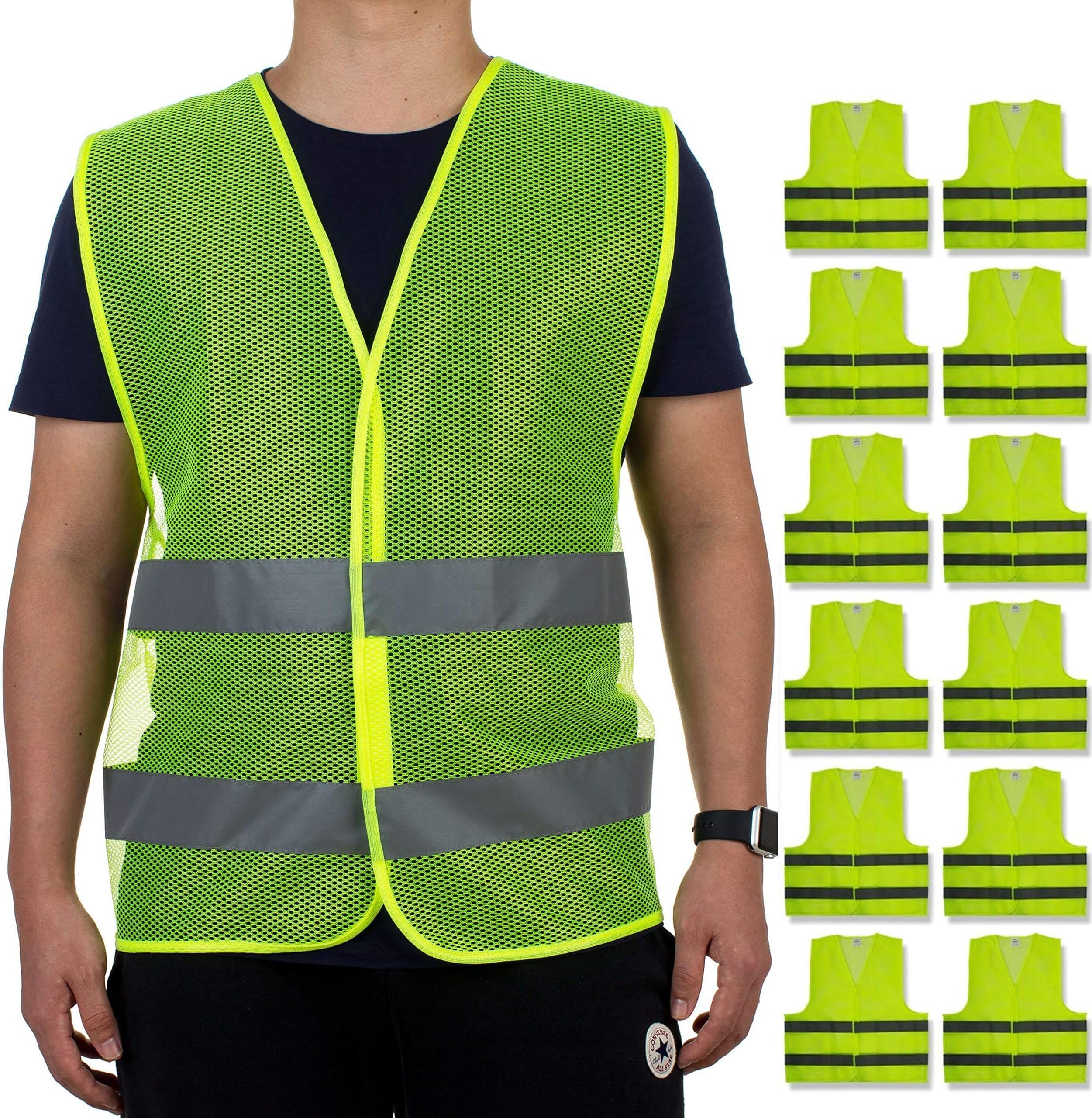 Reflective Safety Vests - Pack of 12 | High Visibility Neon Yellow Mesh | Fits Men and Women | For Construction and Surveyor Work, Security, Emergency, Event Volunteers, Traffic and Parking Workers