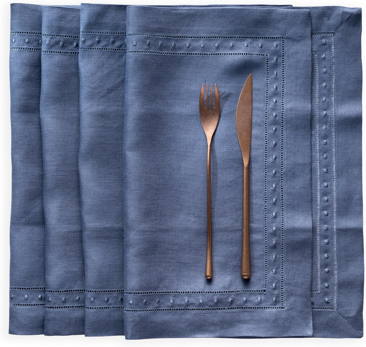 Linen Placemats 14 x 19 inch - 100% Linen Red Placemat with Embroidered Dot Set of 4 - Hemstitch Placemat Washable for 4th of July