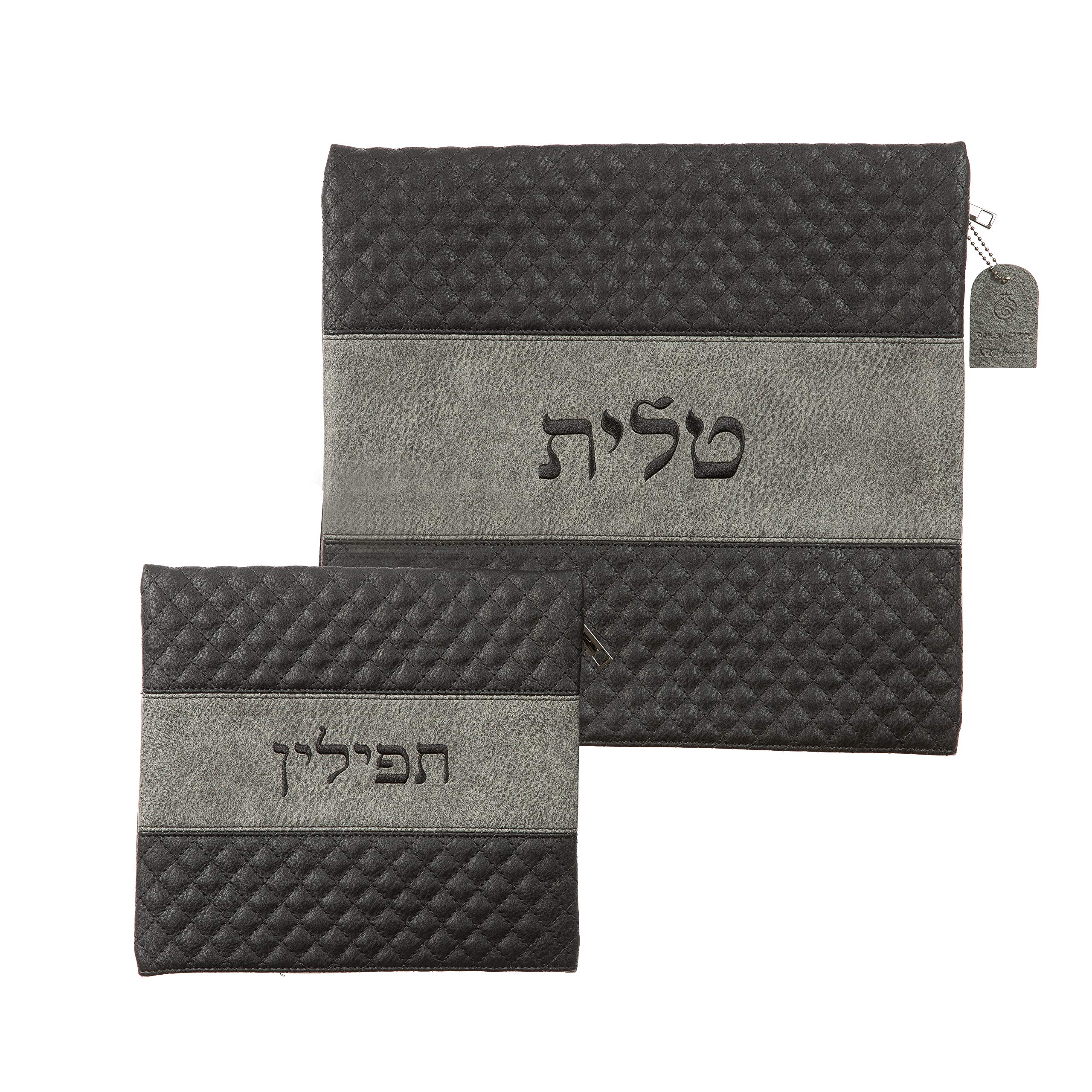 MASORET 2-Part PU Leather Tallit and Tefillin Bag Set: American-Sized Black Grey Bags with Protection Covers for Tallit and Tefillin