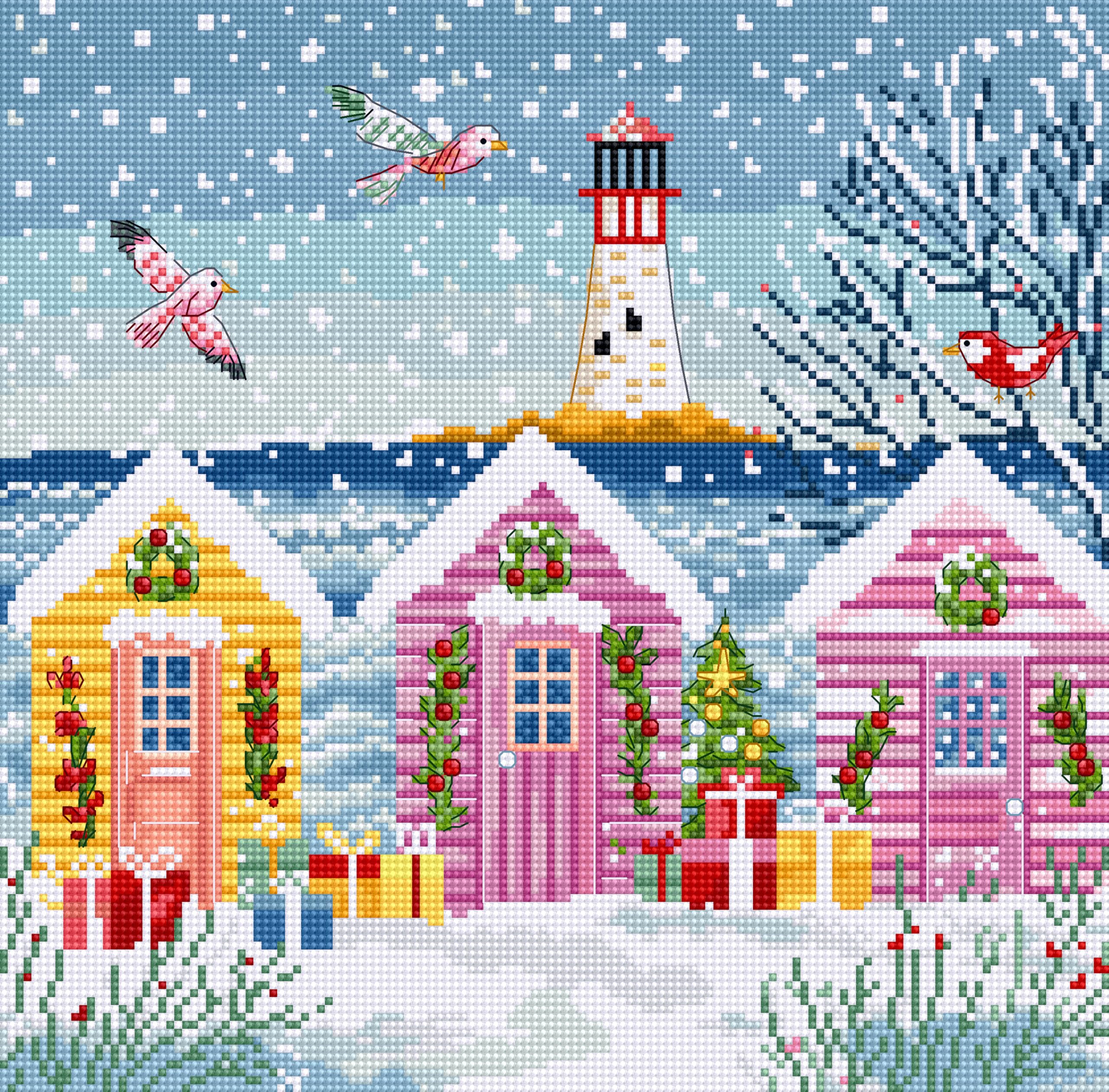 Letistitch Cross Stitch Kit - Snowy Sea Cottages and Lighthouse L9915