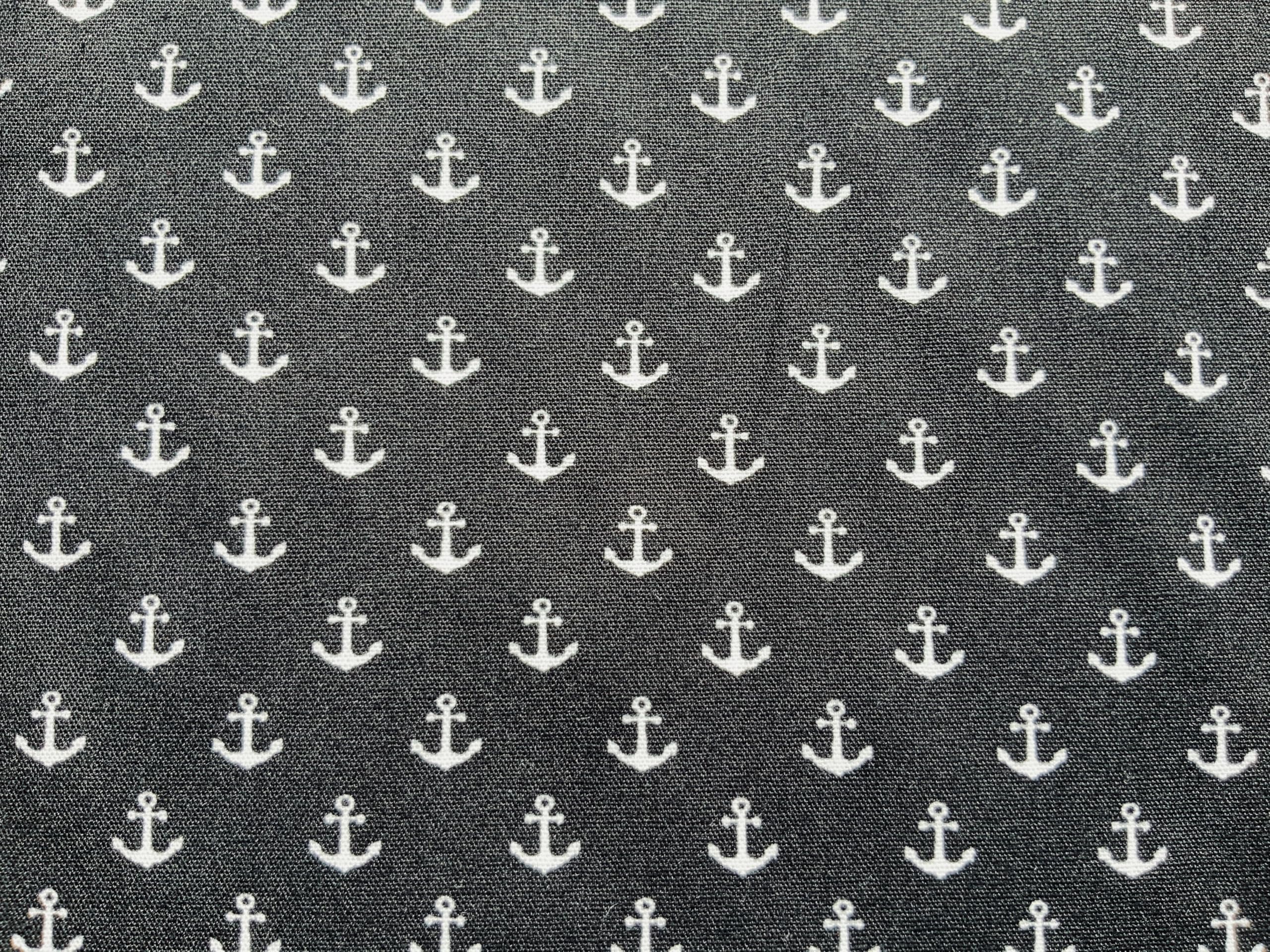 Nautical Fabric – 100% Cotton Printed Material, 44” Wide – Maritime Themed Fabric by The Metre – Ideal for Crafts, Quilting, Dressmaking (White Anchors on Black, Metre)