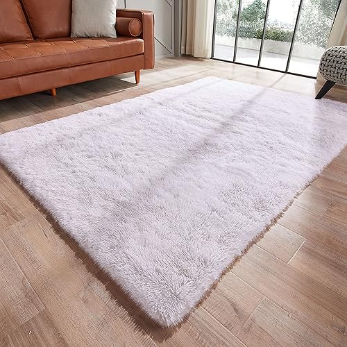 GKLUCKIN Shag Ultra Soft Area Rug, Fluffy 6'x9' White Rugs Fuzzy Indoor Large Faux Fur Rugs Non-Skid Furry Carpets for Living Room Bedroom Nursery Kids Playroom Decor