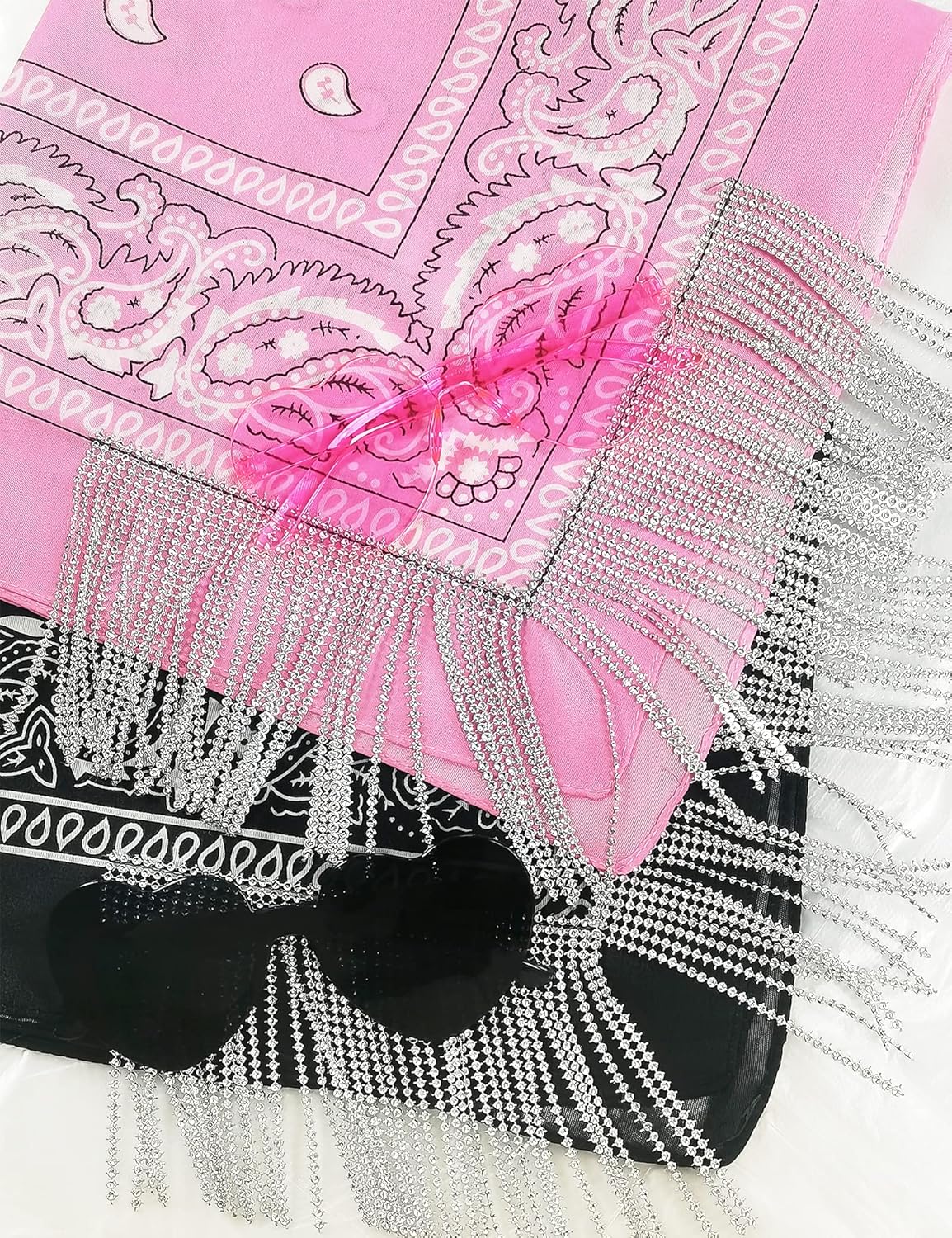 Fringe Rhinestone Bandana with Heart Sunglasses, Disco Cowgirl Boy Paisley Pattern Face Mask Square Scarf Headwear - Image 7