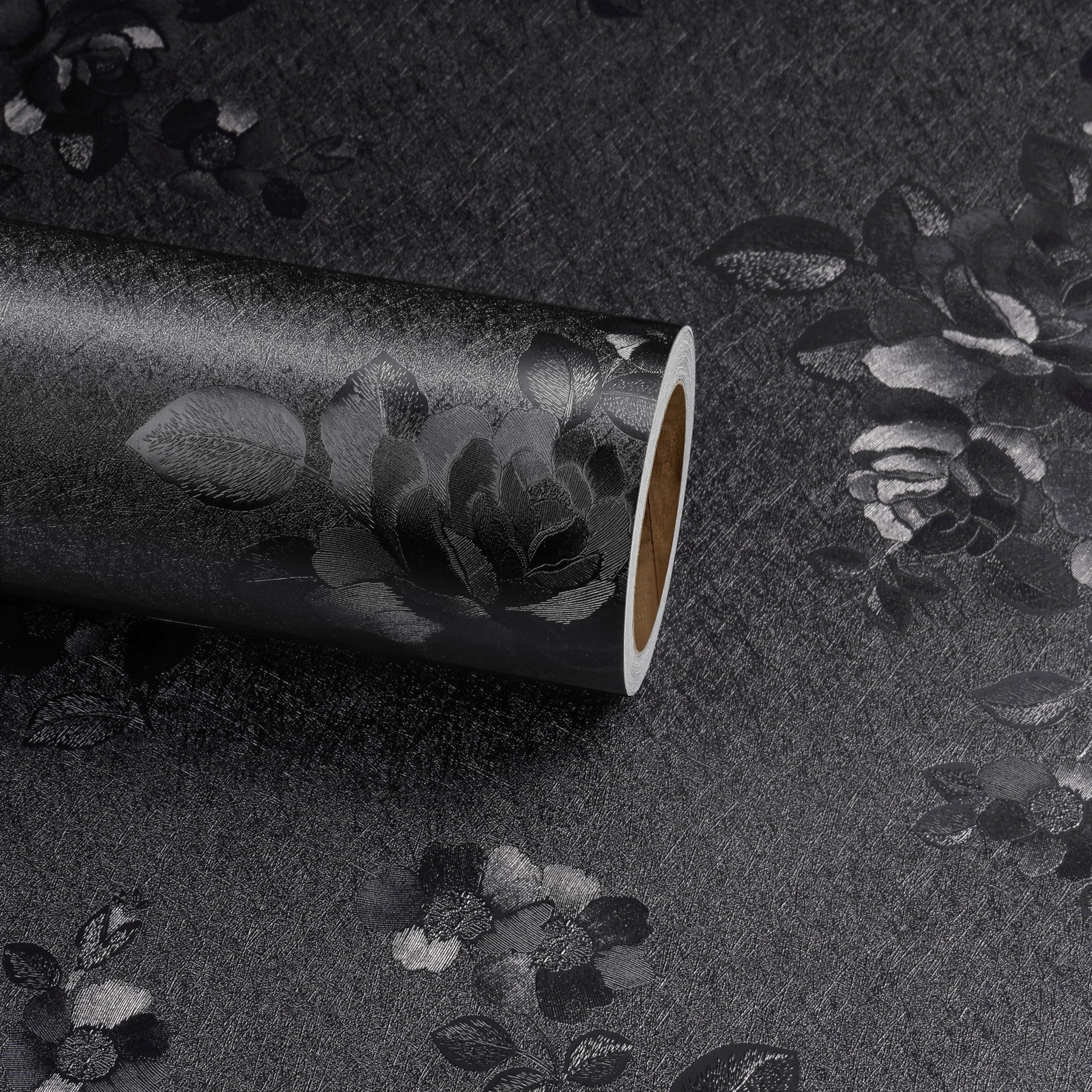 Papier peint autocollant noir fleuri ReWallpaper, rouleau adhésif décoratif pour meuble et mur
