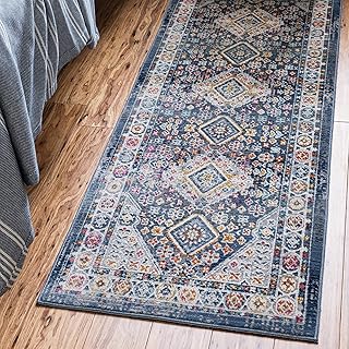 Rugs.com Budapest Collection Runner Rug â€“ 10 Ft Runner Blue Low-Pile Rug Perfect for Hallways, Entryways