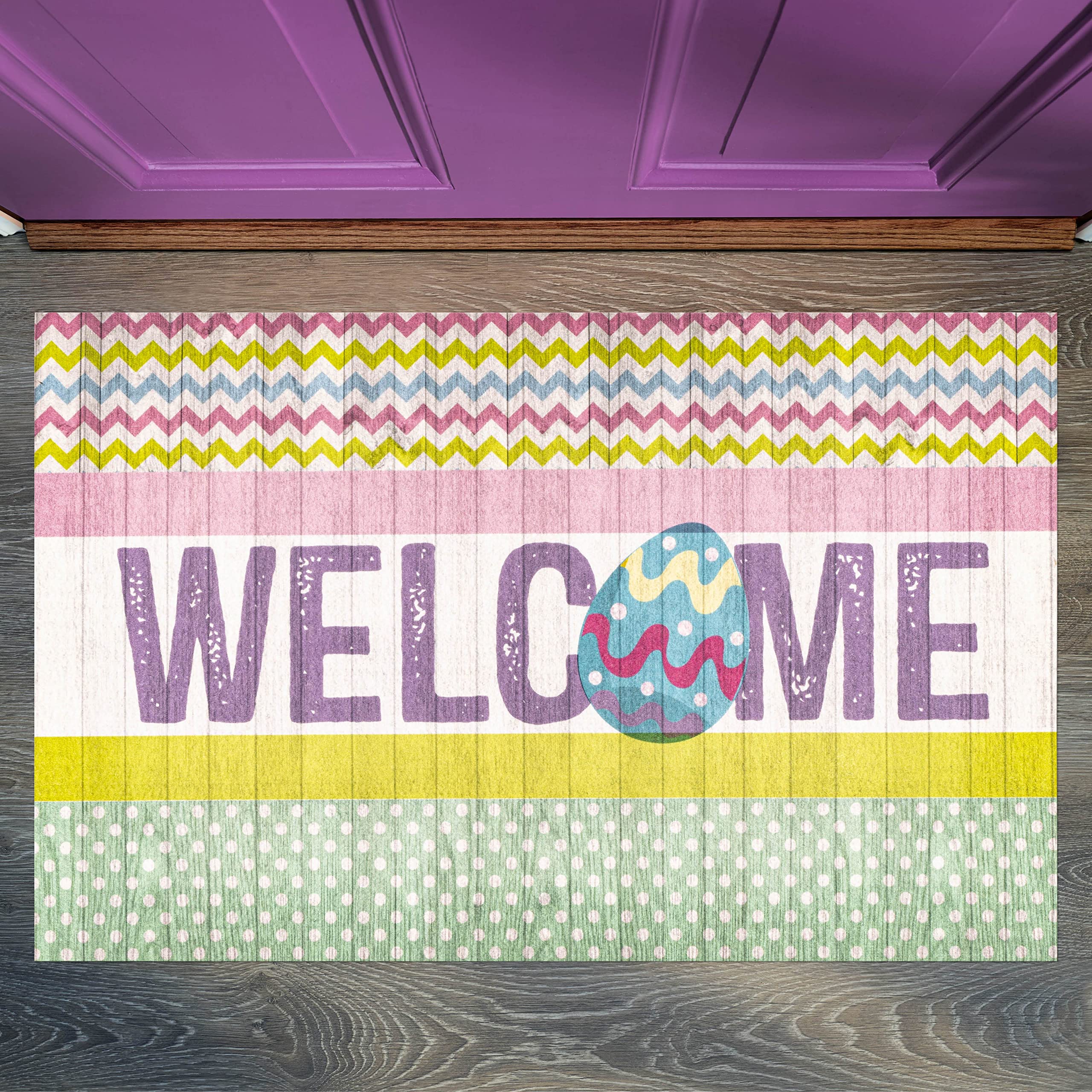 Benissimo-Modern Mats, 20”x32” Indoor Outdoor Ultra-Thin Spring Doormat, 0.1" Thick Front Back Mat Rubber Backing, Non Slip, Waterproof, Use for Entry, Patio, Busy Area, Welcome Wood Stripes