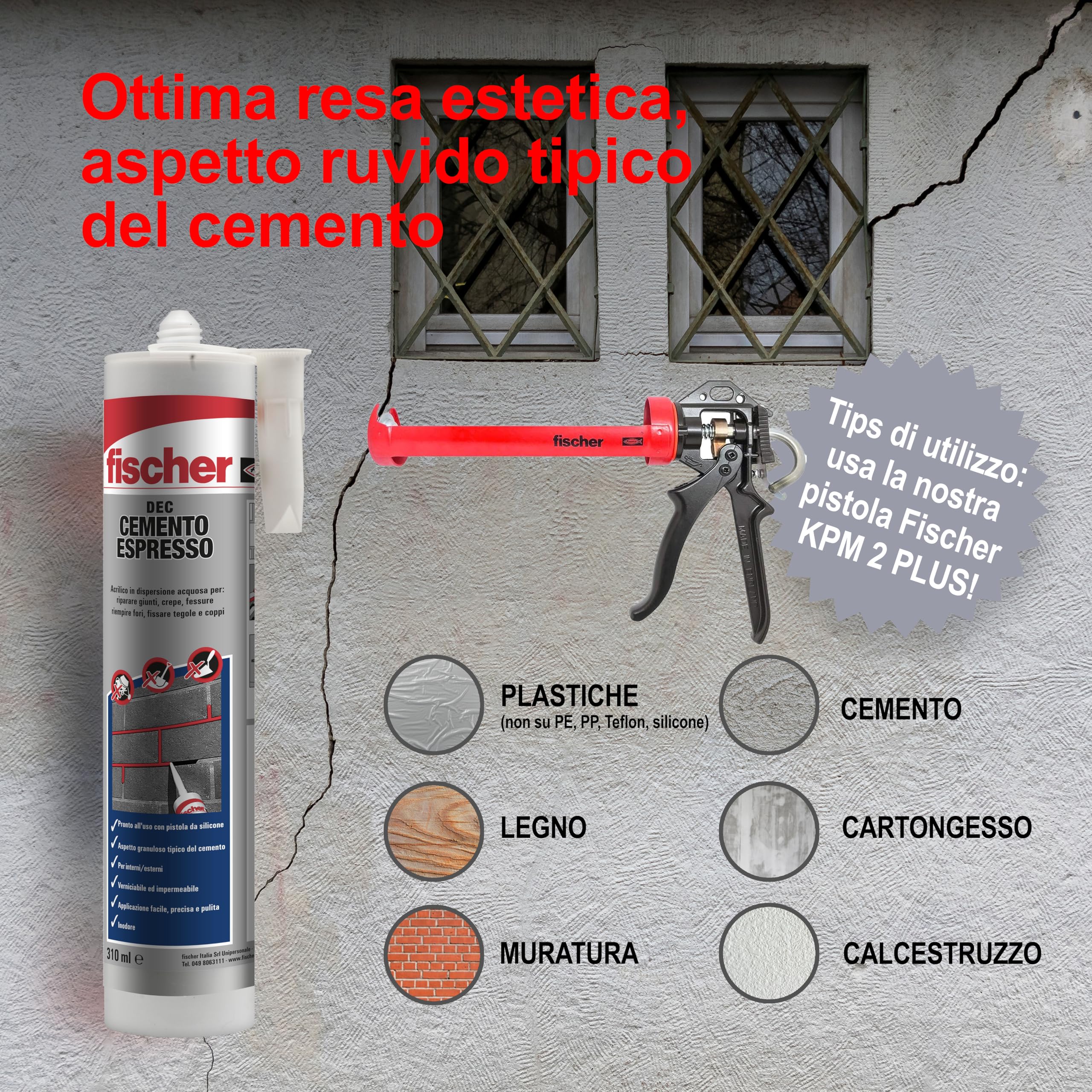 Fischer DEC Cemento Espresso, Sigillante per Riparazione e Riempimento di Crepe, Giunti Interni ed Esterni, Uso con Pistola da Silicone, 522431