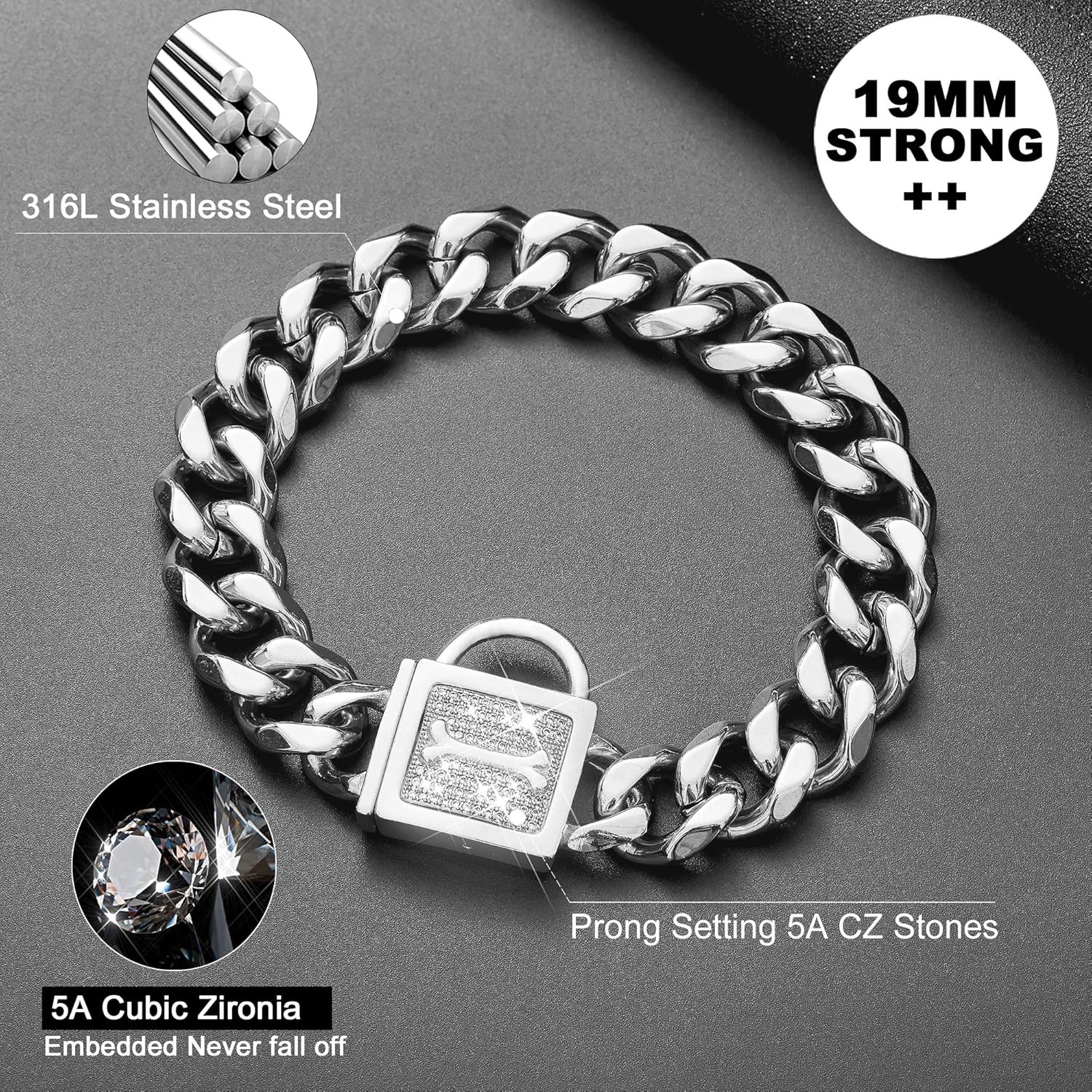 Dog Chain Collar with Cubic Zirconia Locking High Polished Stainless Steel Cuban Link Strong Heavy Duty Chew Proof Walking Chain Leash Collar for Medium Dogs(19mm, 22")