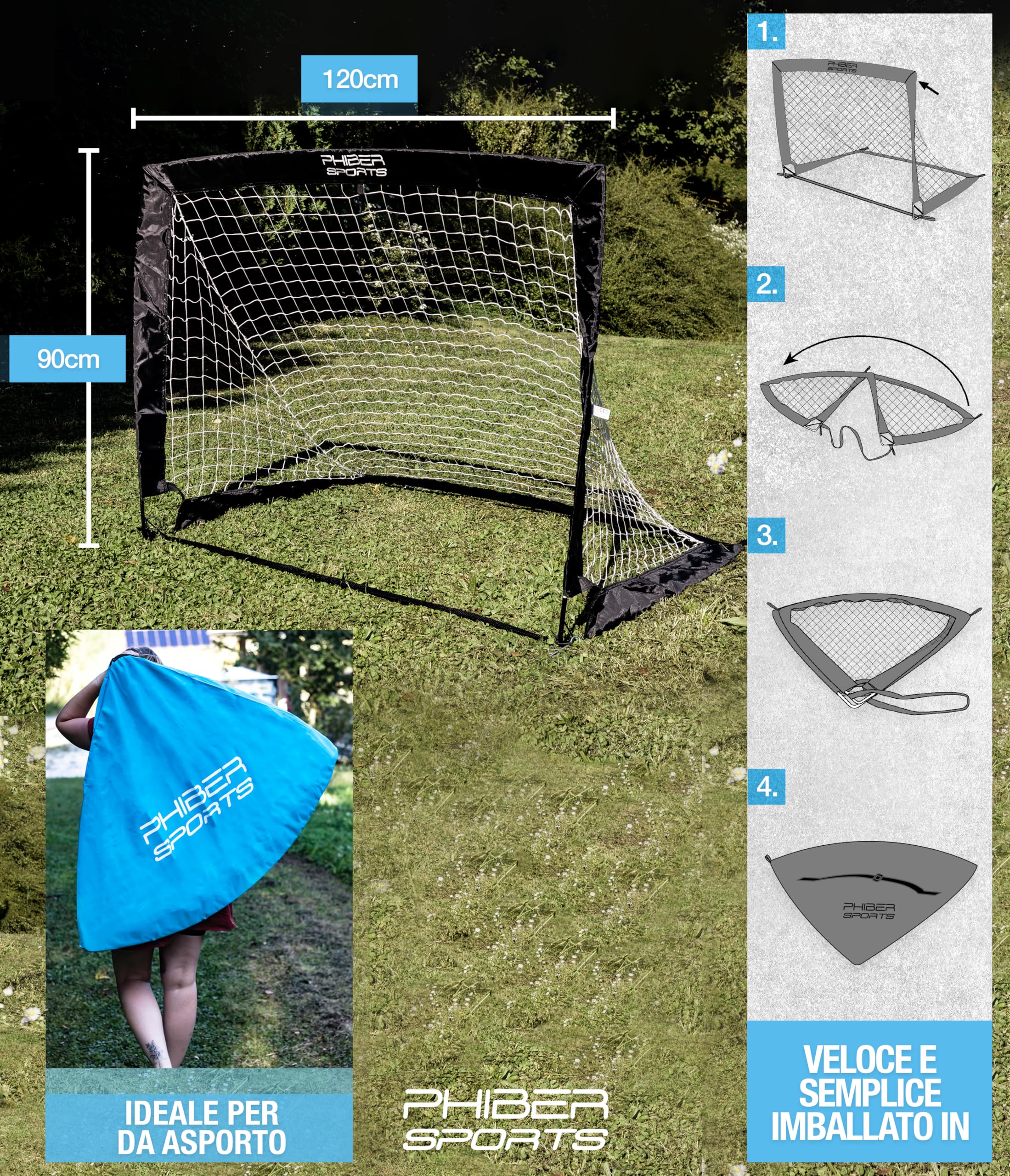 PHIBER-SPORTS Set di porte da calcio per bambini per 2 persone - Versione migliorata 2026 con pali in fibra di vetro rinforzati - Incl. borsa per il trasporto, 6x coni, 2x bersaglio