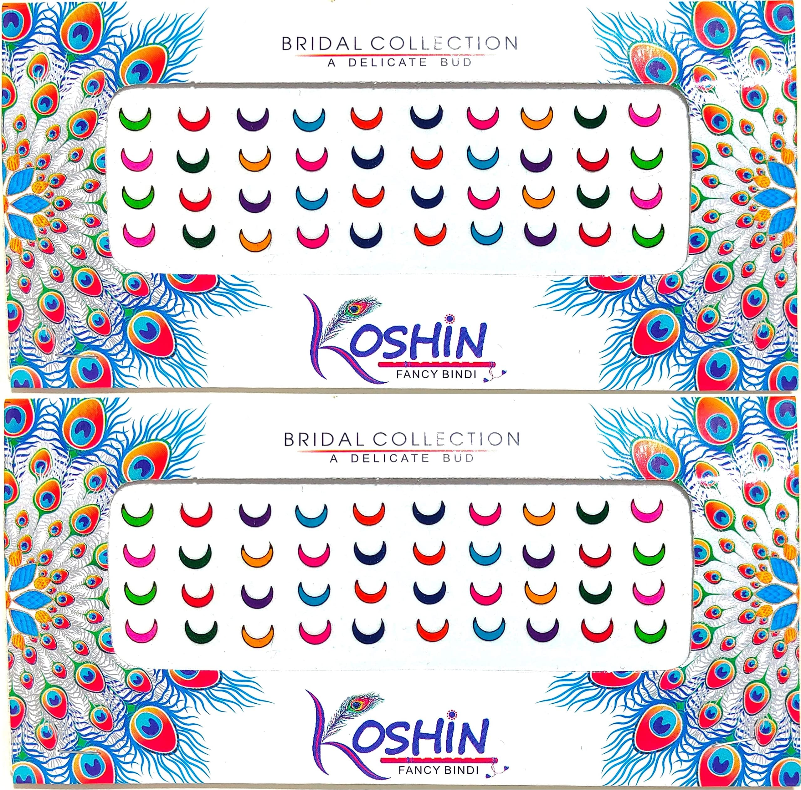 KOSHIN Multicolor Half Moon Shape Medium Size (Height 6 mm x Width 7 mm) Forehead Bindis for Girls Women Ladies | Lightweight Velvet Fabric | Chandrakor | Self-Adhesive | Combo Pack 2