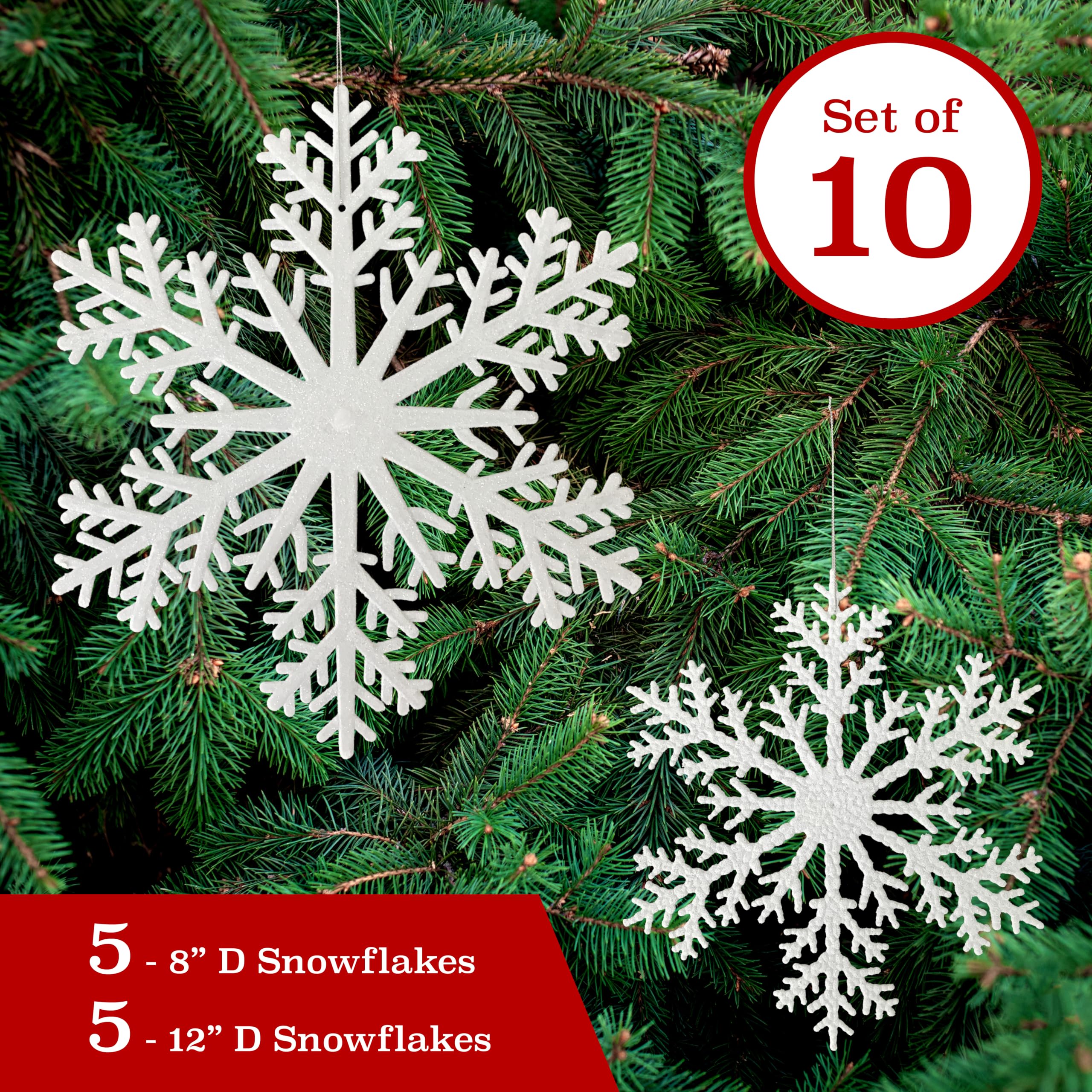 Fiocchi di neve bianchi – Set di 10 – Due misure assortite circa 20,3 cm e 30,5 cm D – Fiocchi di neve glitterati – Decorazioni invernali
