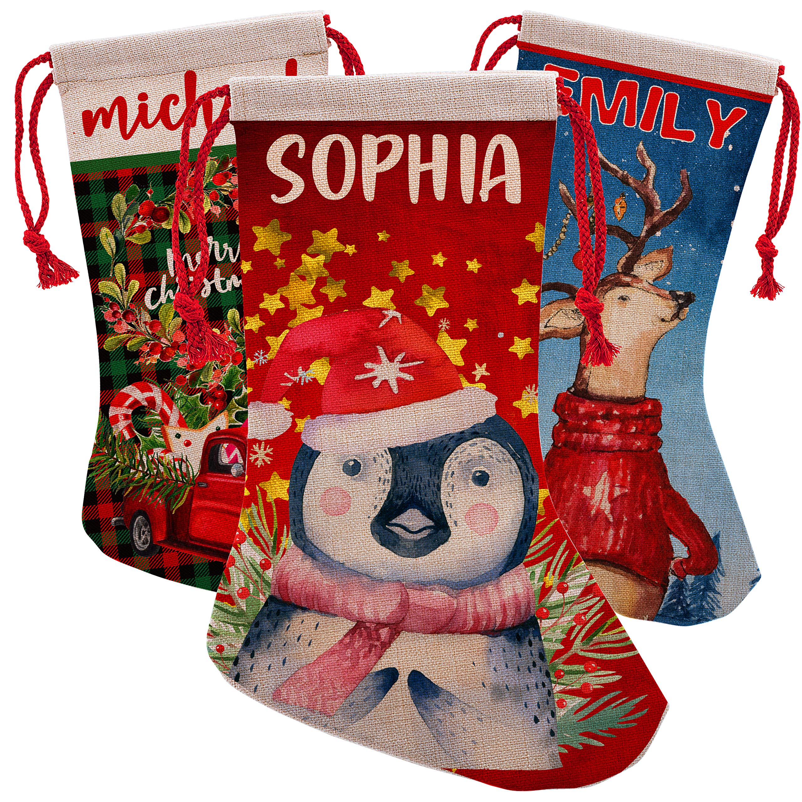 USA Custom Gifts Single - Personalized Christmas Stockings w/ 13 Patterns - 16 inches Personalized Name, Reindeer, Snowman, Unicorn, Santa, Penguin, Fireplace Decoration Holiday Stocking Decorations