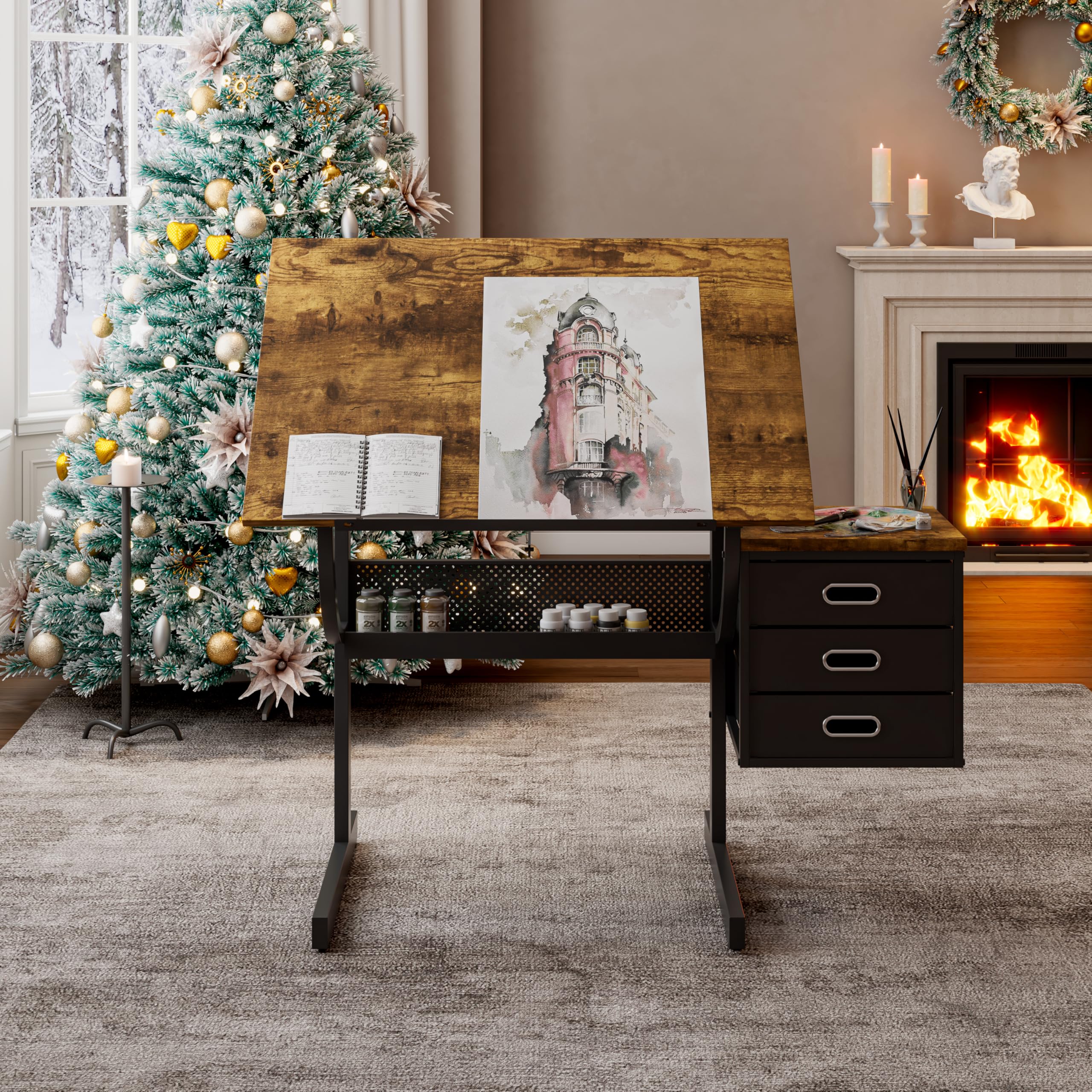 JYH Art Table Craft Drawing Desk - Adjustable Drafting Table with Stool and 3 Drawers for Painters, Artist, Tiltable Workstation for Painting, Writing