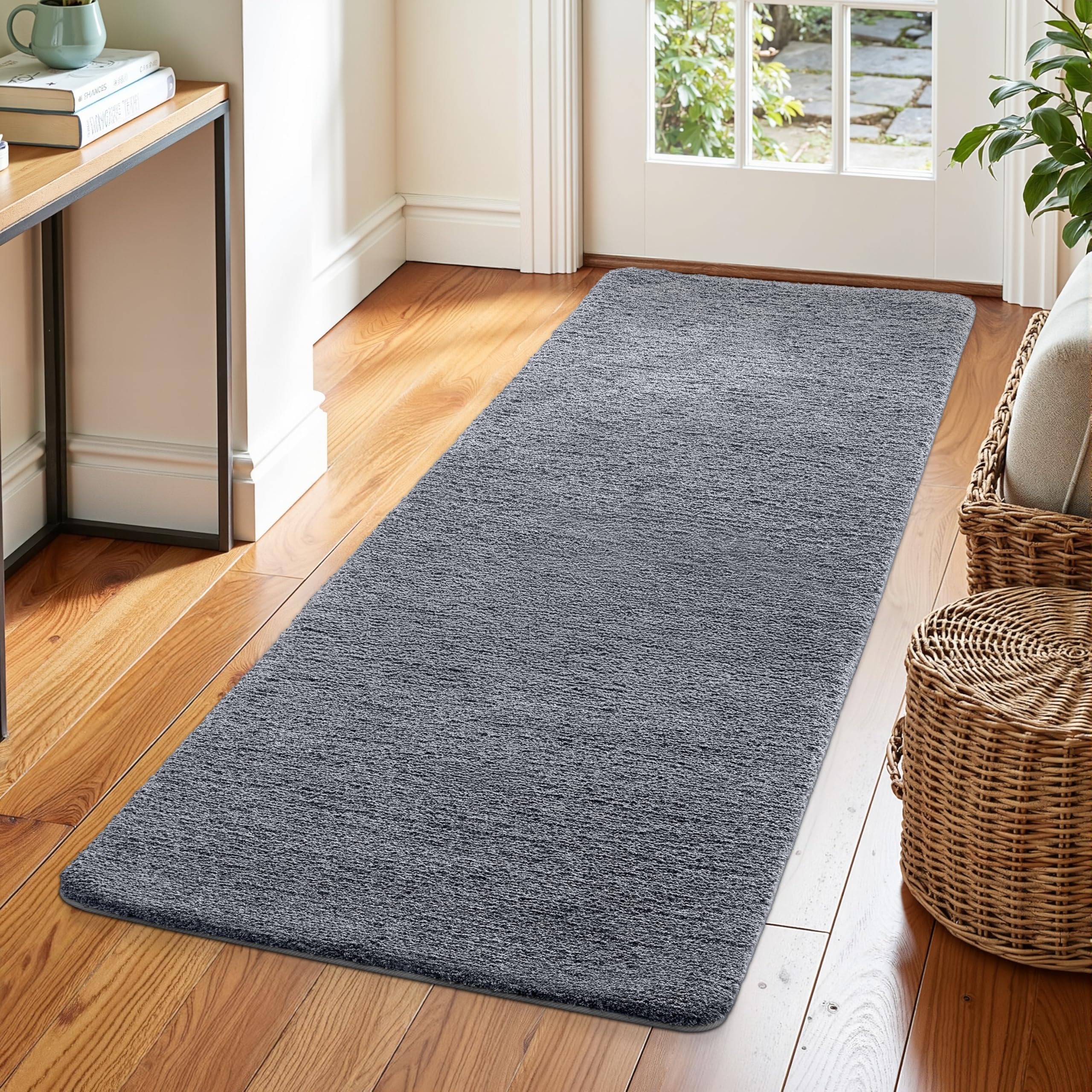 DEXI Flur Teppich Läufer 60 x 180 cm, rutschfest, Grau-blau | Maschinenwaschbar, Saugstark, Schmutzfangmatte, Für Flur, Küche & Haustür