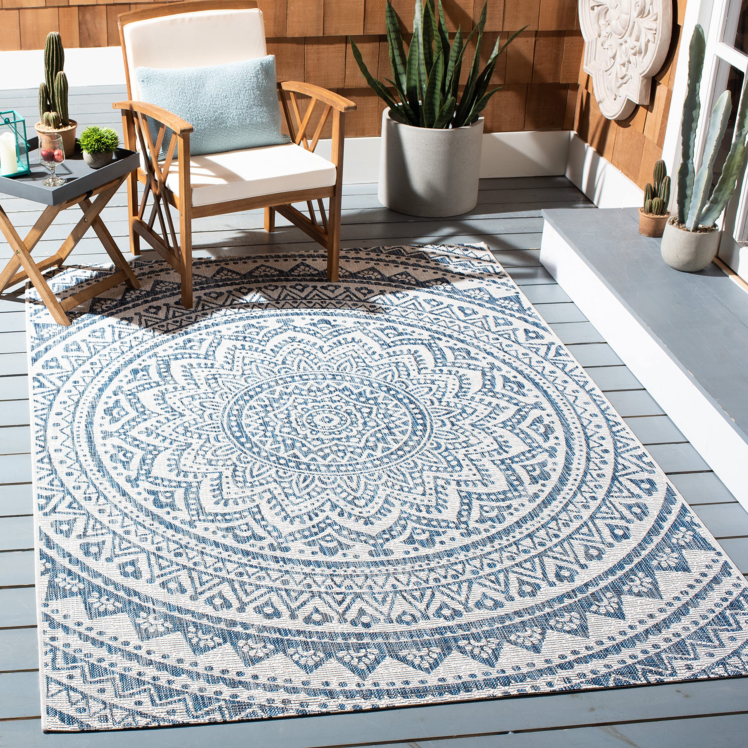 SAFAVIEH Washable Rug Outdoor Courtyard Collection - 6'7" Square, Ivory & Navy, Non-Shedding & Easy Cleaning, Ideal for Patio, Backyard, Mudroom (