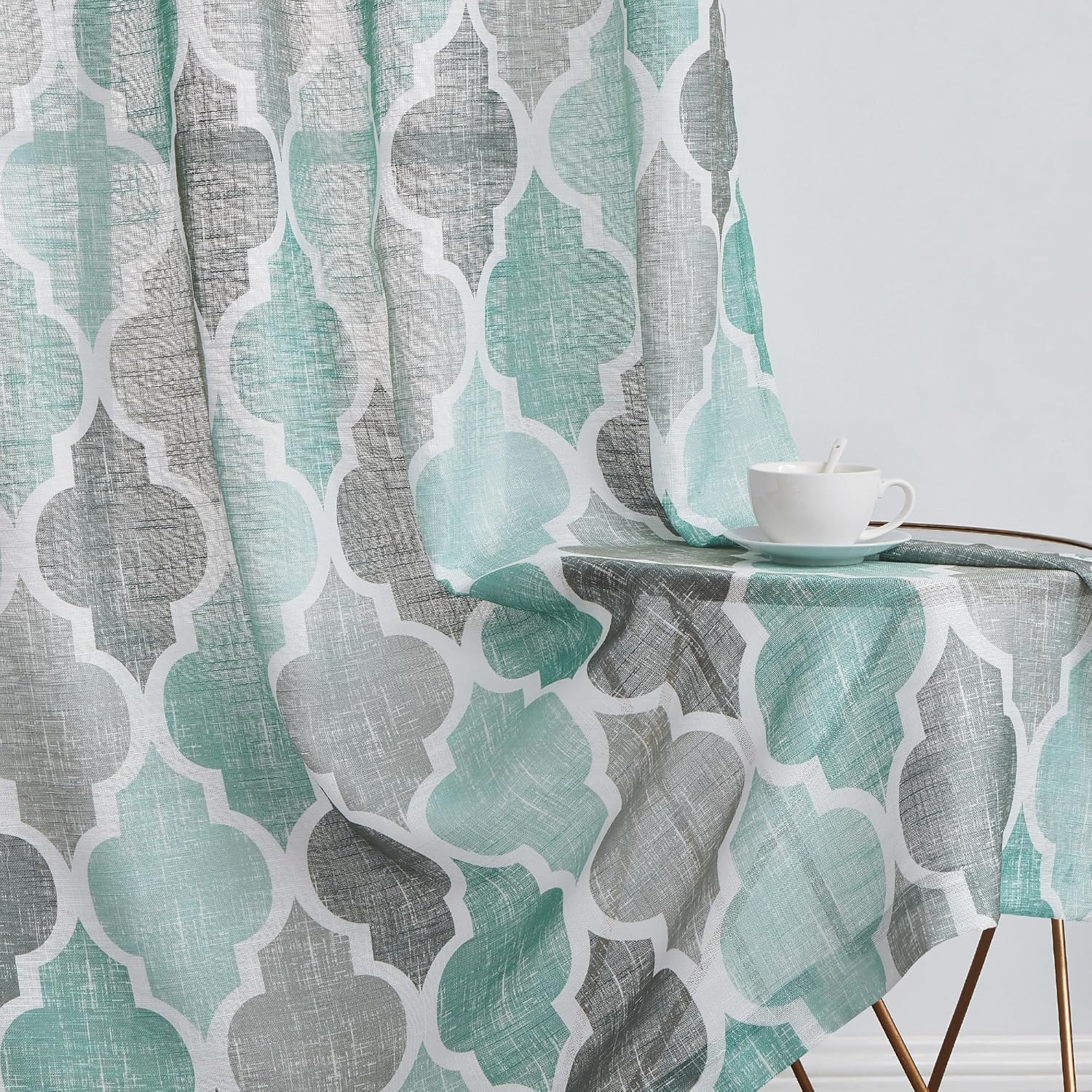 Beauoop Linen Semi Sheer Curtains 96 Inches Long 2 Panels for Bedroom Living Room Aqua Grey Moroccan Geo Farmhouse Light Filtering Privacy Textured Grommet Top Window Treatments Drapes, 50x96 2 Set