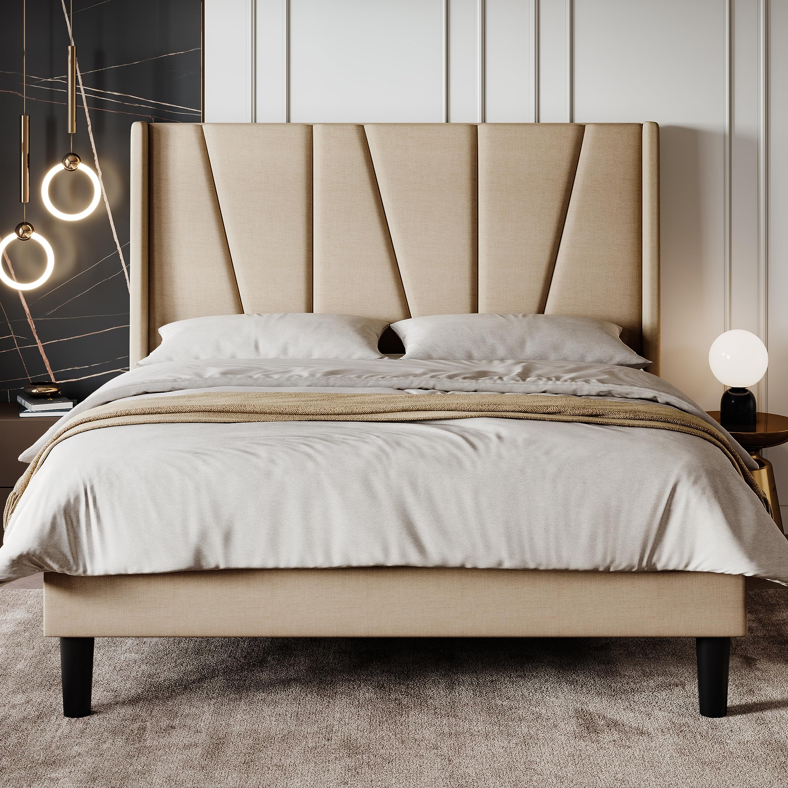 SHA CERLIN Full Size Bed Frame with Geometric Wingback Headboard, Upholstered Platform Bed with Wooden Slats Support, 8" Under-Bed Space, No Box Spring Needed, Easy Assembly, Beige