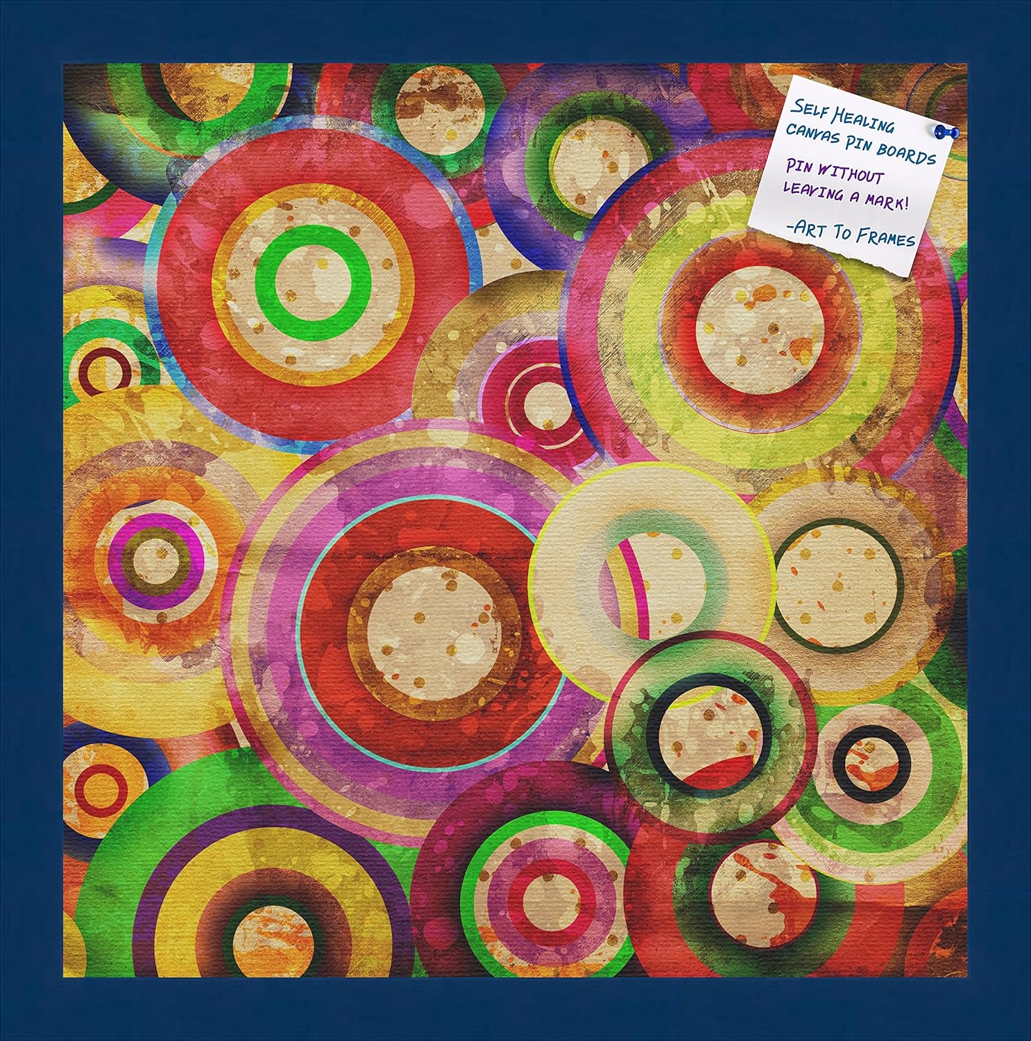 Decorative bulletin board made from self-healing canvas by PinPix, Psychedelic Retina Disc printed at 16x16 and framed in Blue Stain on Beech