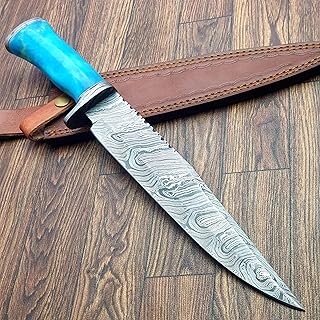 HK-82 Handmade Damascus Steel Knife for Hunting, Survival, Camping, Skinning, Bushcraft, Fixed Blade Full Tang Bone Handle, with Leather Sheath., Blue, KZ-59 - TZ KNIVES