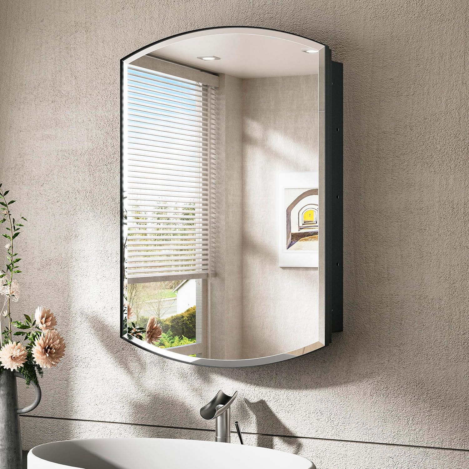 TokeShimi 20x30 Black Mirror Medicine Cabinet Recessed Oval Beveled Mirror with Storage Bathroom, Arched Medicine Cabinet with Mirror, Metal Farmhouse Mirrored Medicine Cabinet Wall Mount 20x30 IN Black