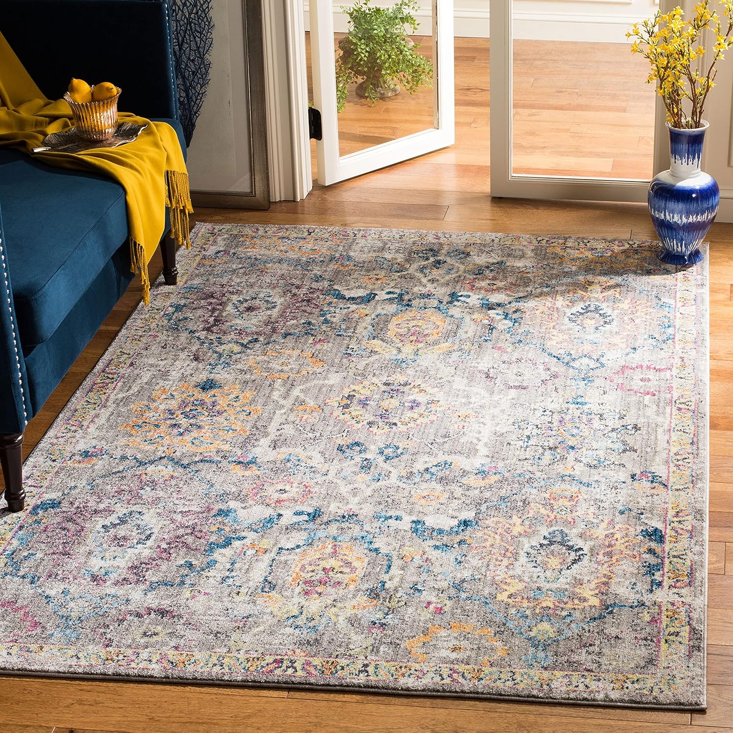 Grey and Blue Synthetic Vintage Runner Rug, 2'3" x 10'