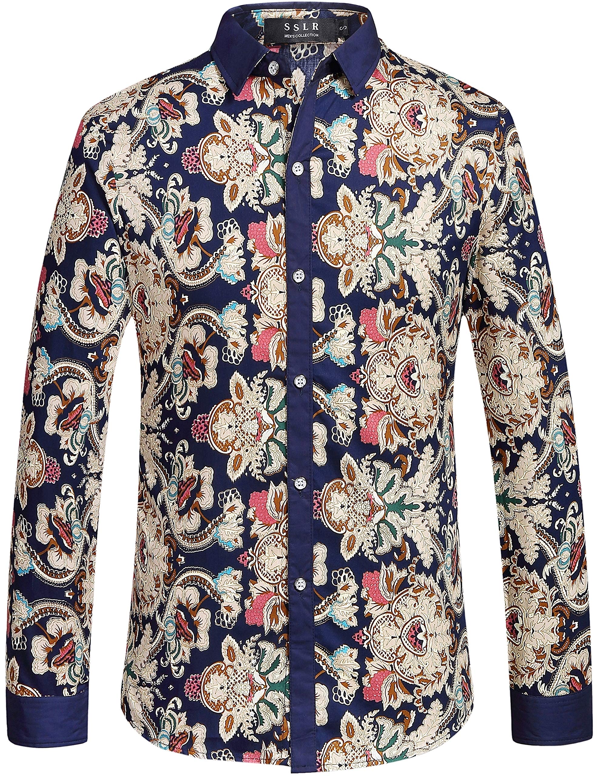 SSLR Men's Paisley Cotton Printed Long Sleeve Casual Button Down Shirt