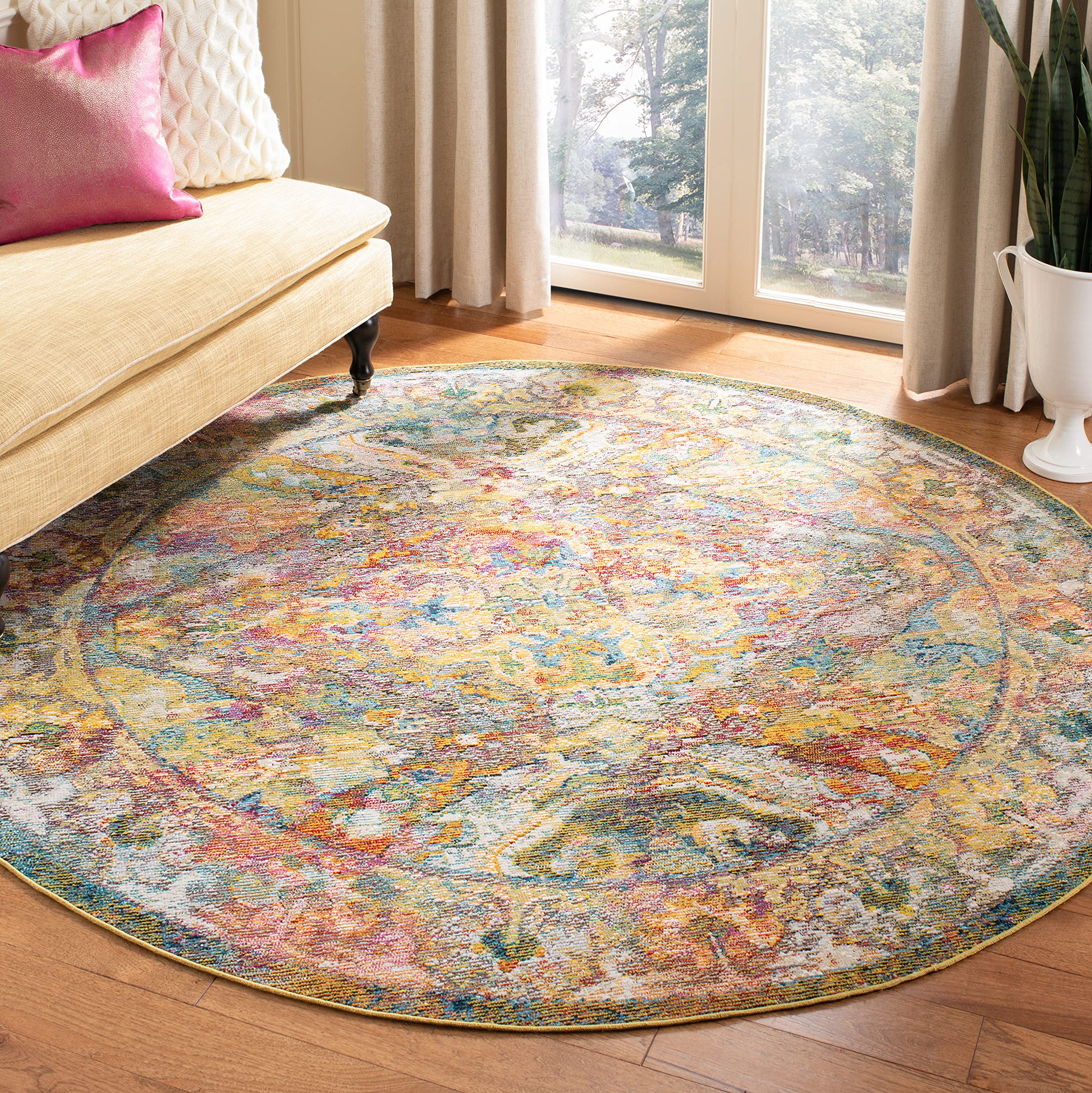 SAFAVIEH Crystal Collection Area Rug - 7' Round, Light Blue & Orange, Boho Chic Oriental Distressed Design, Non-Shedding & Easy Care, Ideal for High