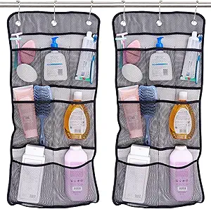 S&T INC. Shower Organizer, Shower Caddy or Bathroom Organizer with Quick Drying Mesh, 7 Pockets to Hold Shampoo, Soap, Loofah, and Cruise Ship Essentials, 14 Inch by 30 Inch, Black, 2 Pack
