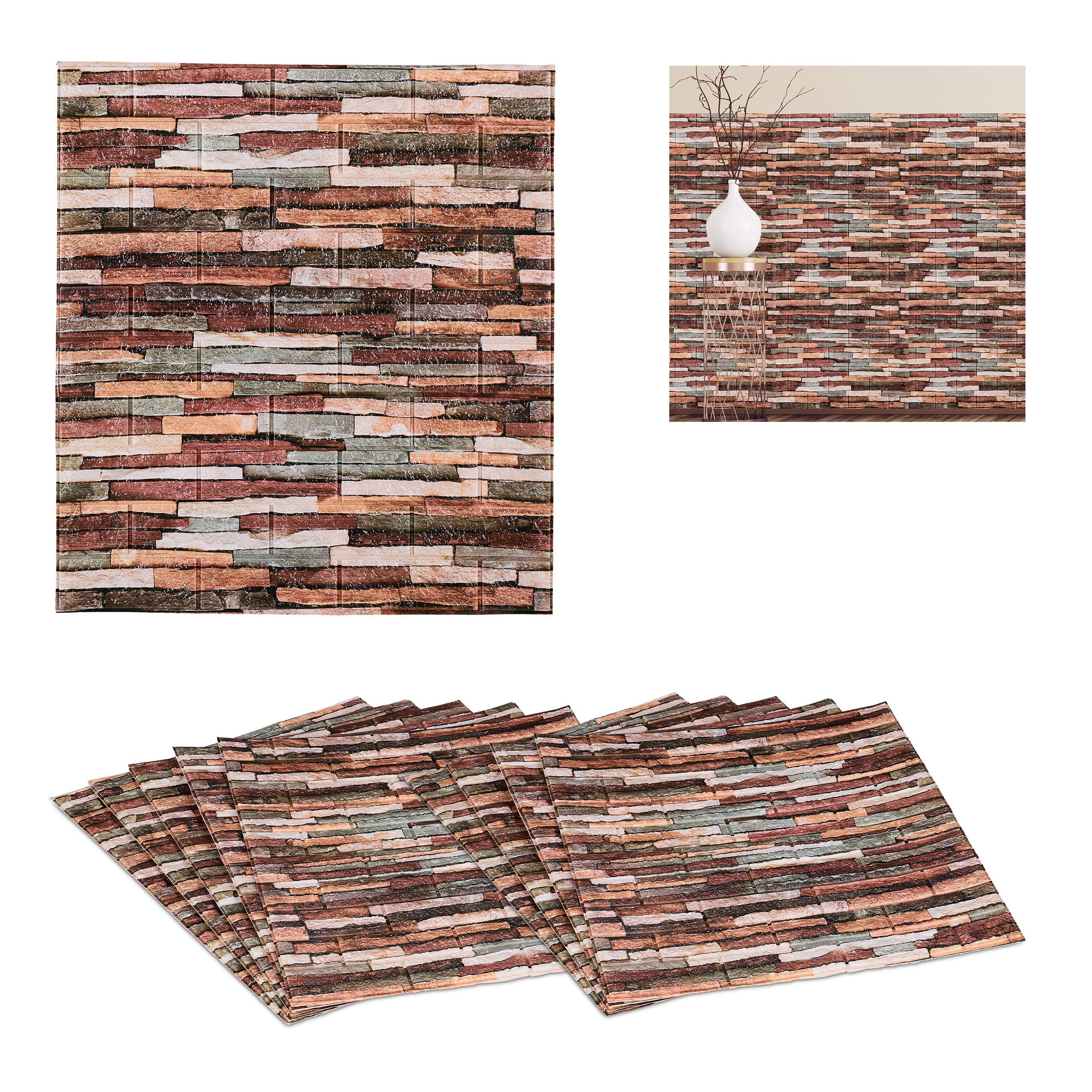 Relaxdays Paneles Pared, Efecto Piedra, Set de 10, Autoadhesivos, Cortable a medida, 3D, 77x70cm, Decoración, Multicolor
