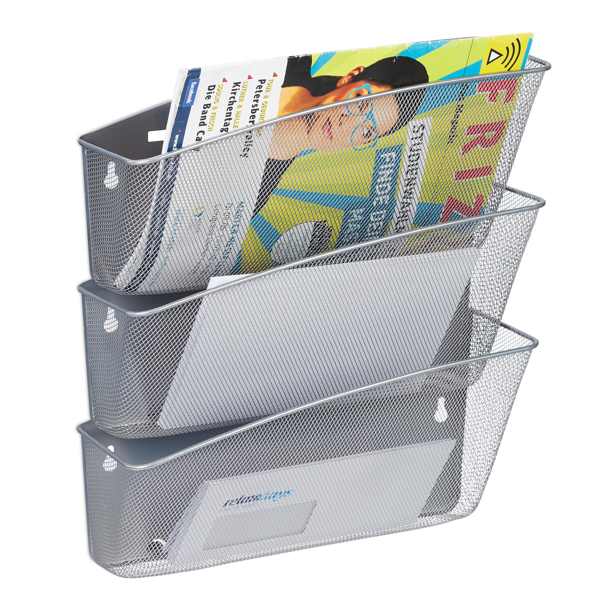 Relaxdays Zeitschriftenhalter Wand, 3er Set, Zeitungsablage, Wandfächer, HBT 39x36x12 cm, Magazinhalter, Metall, Silber