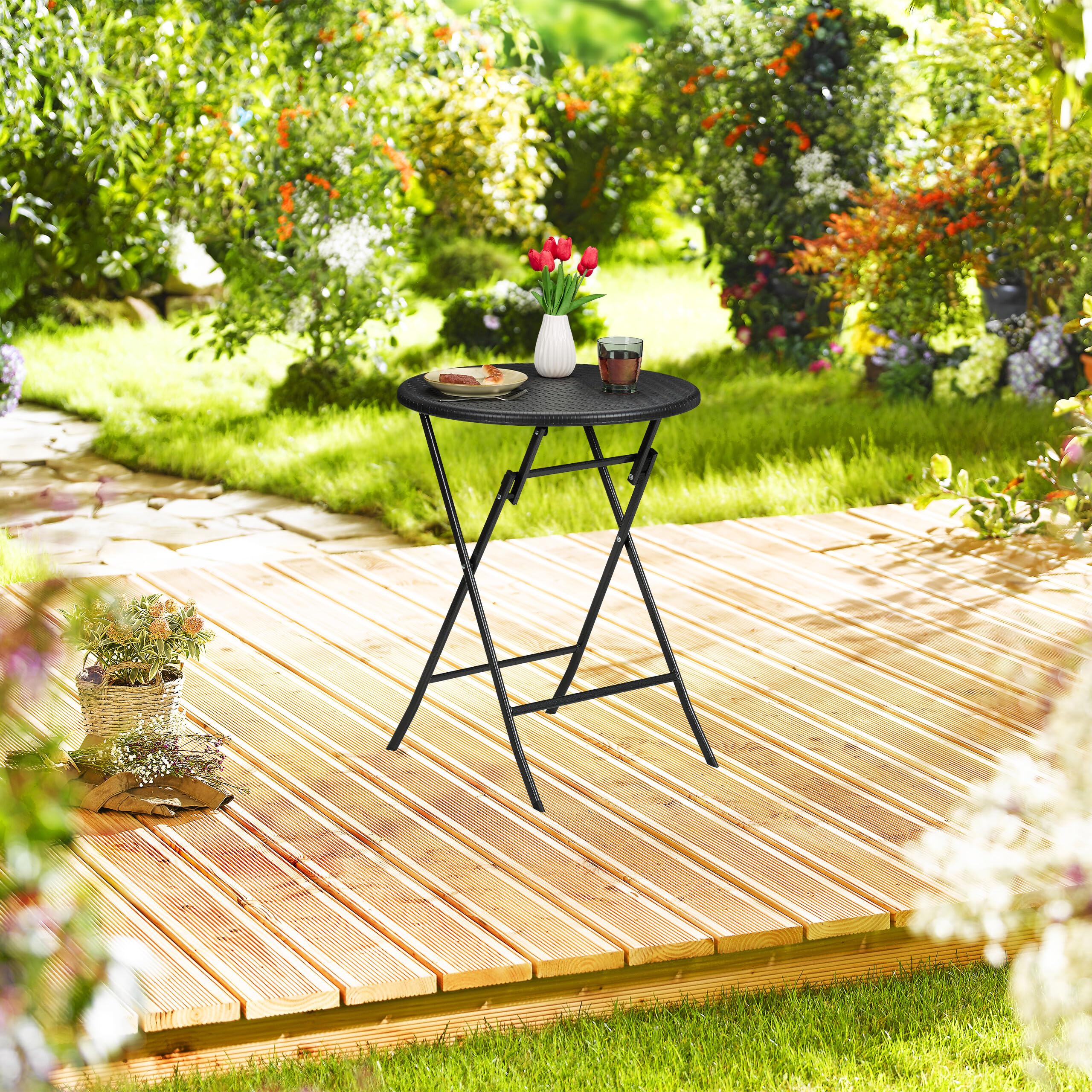 Relaxdays Tavolo da Campeggio Pieghevole, HxD: 75 x 60 cm, Tavolino in Plastica Rotondo, Posto per 4 Persone, Nero