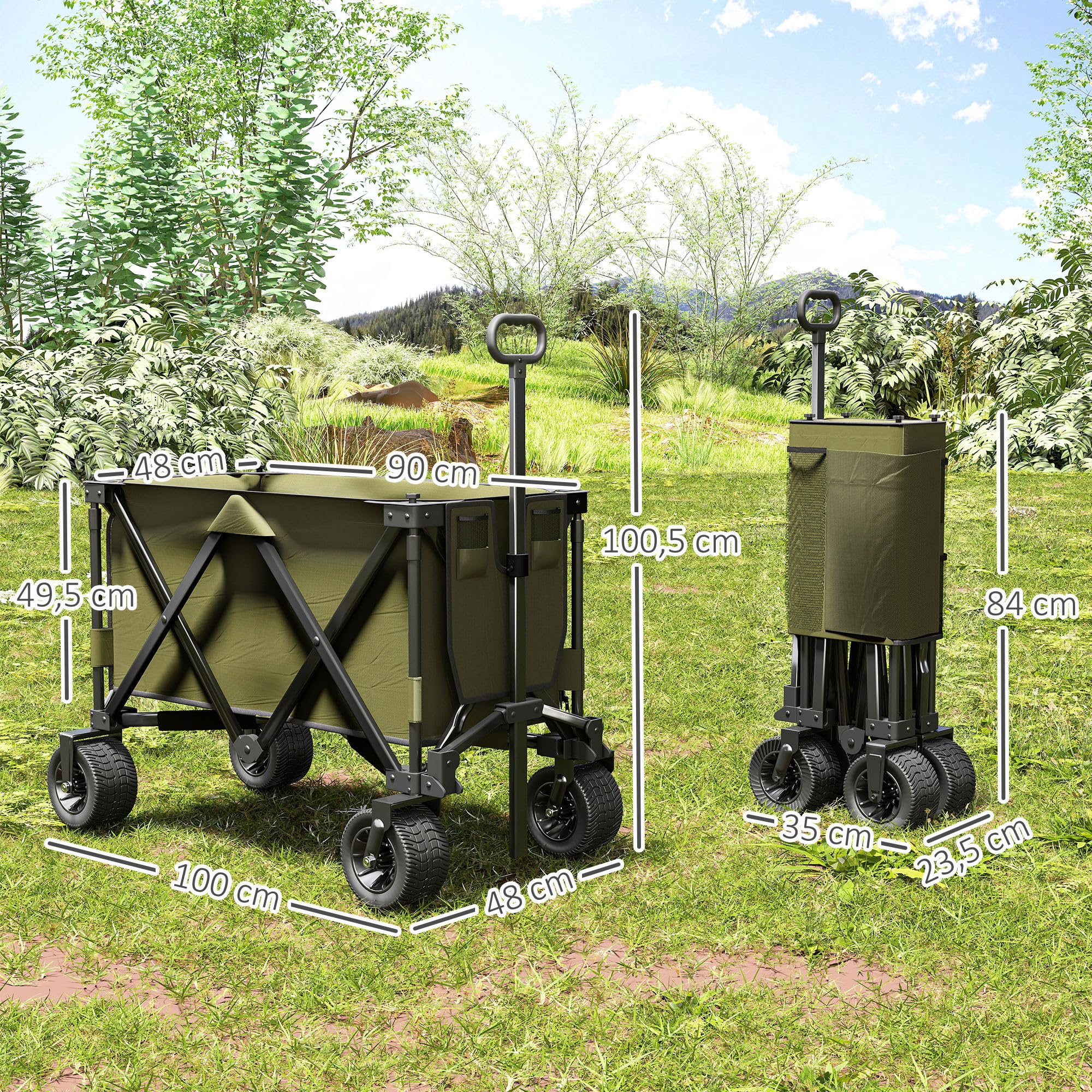 Outsunny Bollerwagen Faltbarer Handwagen mit Verstellbarem Griff Grün | Schwerlast Strandwagen, Taschen, Gartenwagen mit Breiten Drehrädern, Transportwagen bis 120 kg Belastbar
