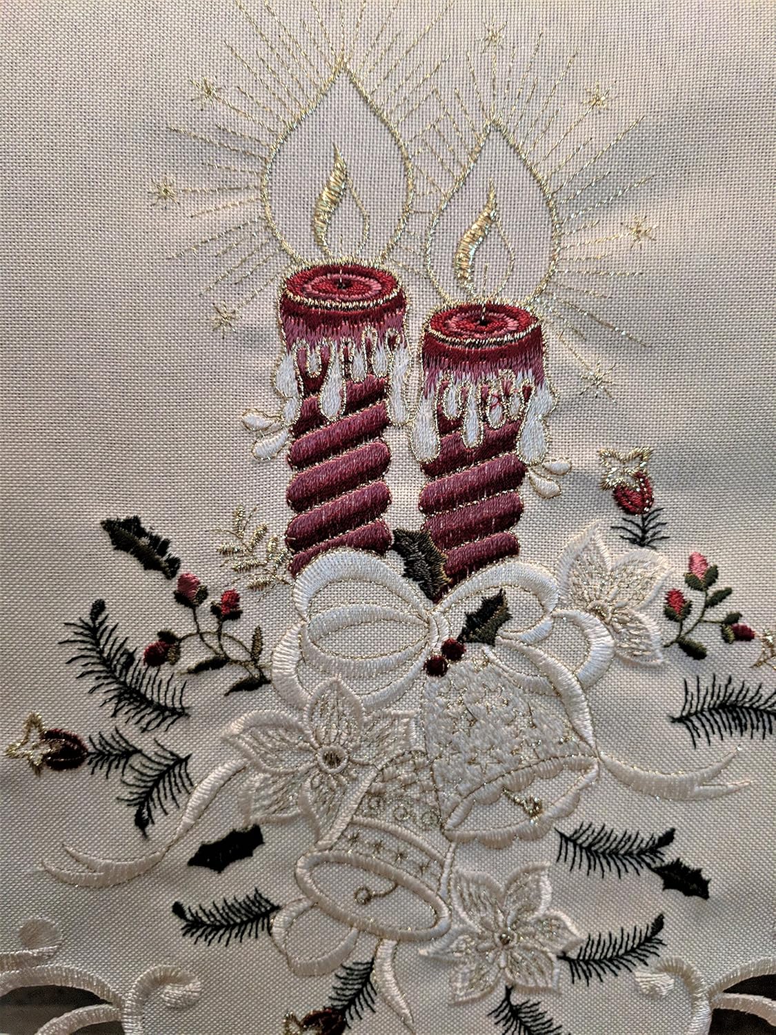 Christmas Table Runner with Burgundy Candles on Ivory Burlap Style Material Size 34 x 15 inches