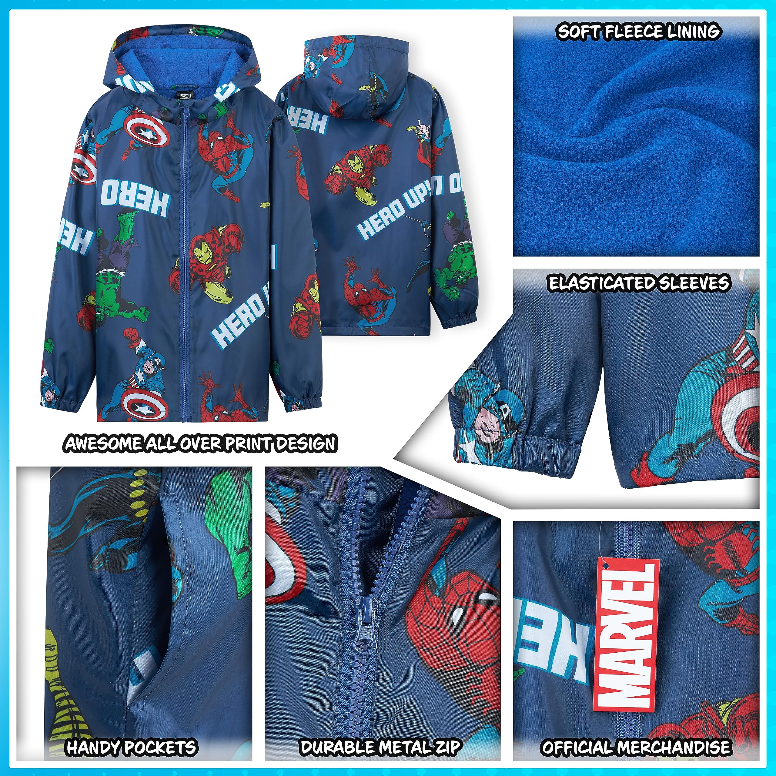 Marvel Impermeable Enfant Garcon, Veste de Pluie Enfant Doublure en Polaire, Vêtement de Pluie Enfant Ado 4-14 Ans Spiderman Avengers